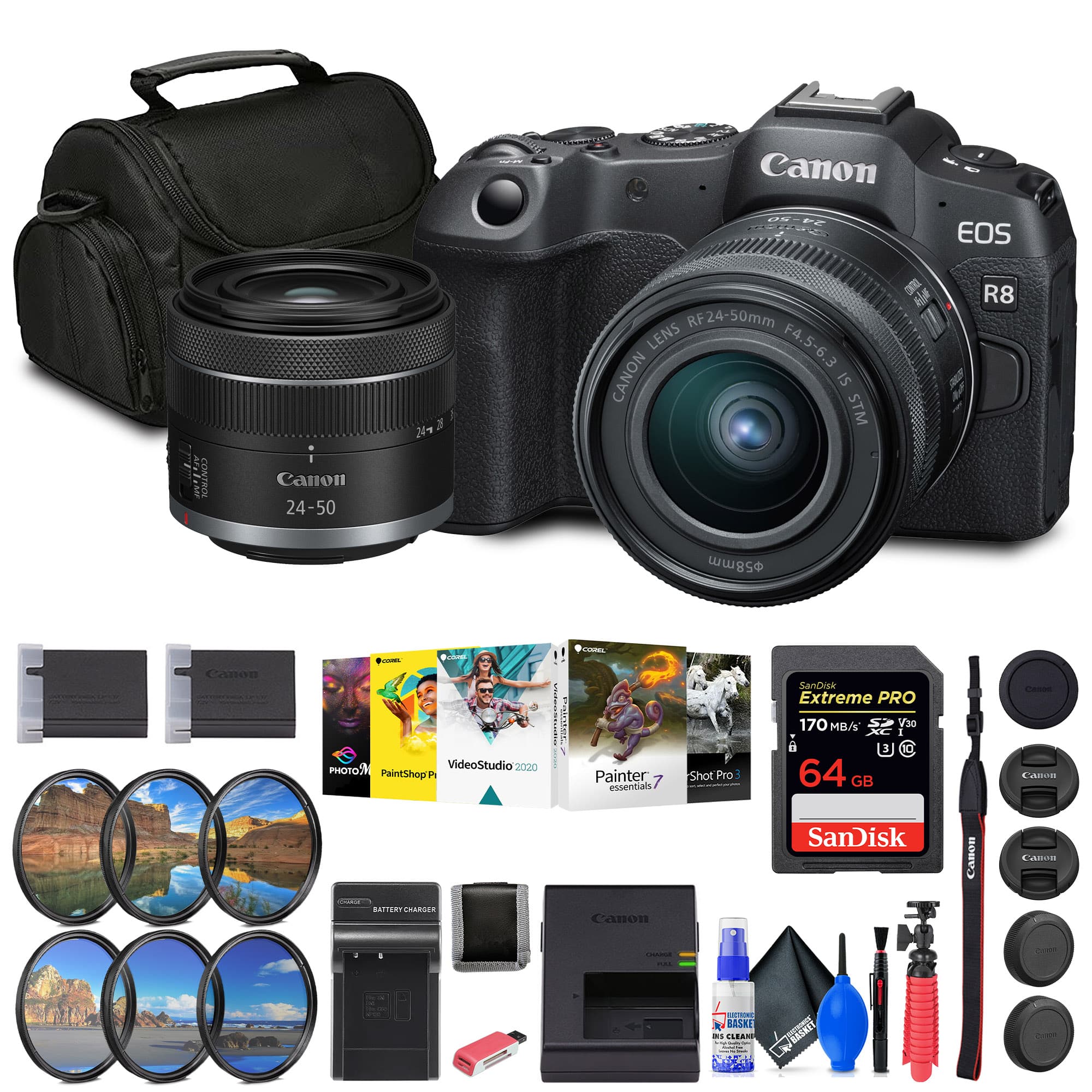 Canon - EOS R8 Mirrorless Camera with RF 24-50mm Lens + 64GB Card + Bag + Charger + Battery + More - Black