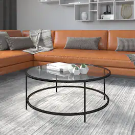 Emma + Oliver - Glass Living Room Coffee Table with Round Metal Frame - Clear Top/Matte Black Frame