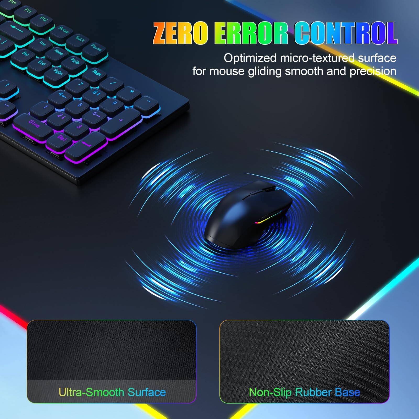 ZERO ERROR CONTROL  
Optimized micro-textured surface for mouse gliding smooth and precision  

Ultra-Smooth Surface  
Non-Slip Rubber Base