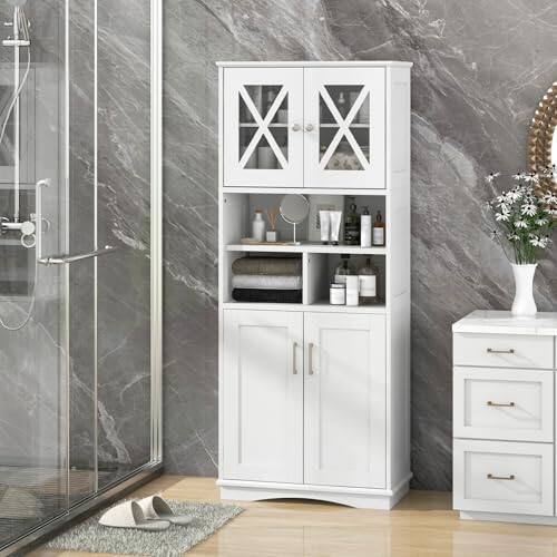 Alt View 1. Ecooso - Tall Freestanding Bathroom Storage Cabinet with Acrylic Doors and 3 Open Cubes - White.