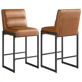 Songmics Home - Bar Stools Set of 2, Counter Height Stools with Backs, 26.4-Inch Barstools Chairs, Synthetic Leather with Stitching - Caramel