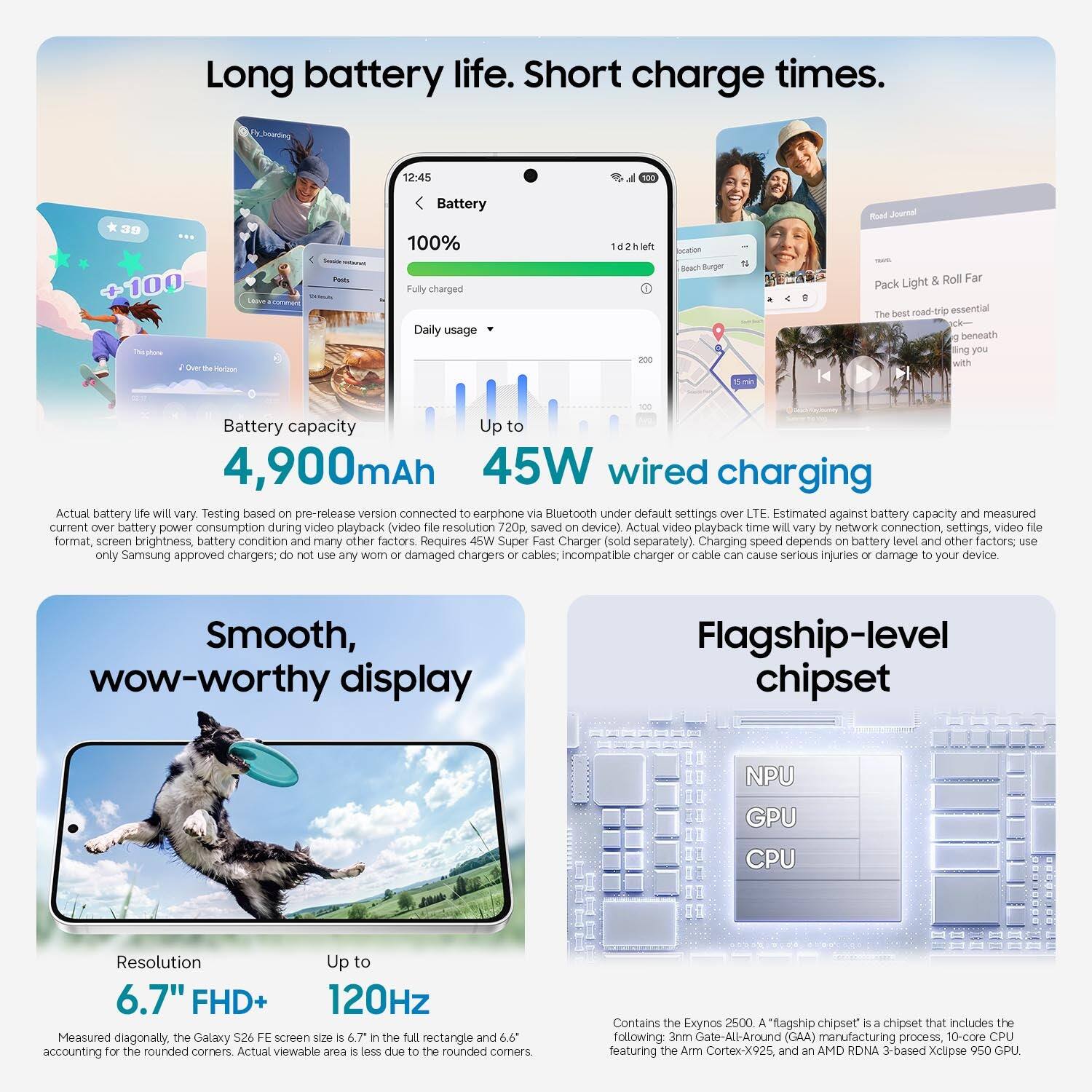 Long battery life. Short charge times.

12:45
Battery
100%
1d 2h left
charged

Roll Far Pack Light
Daily usage
best
Horizon

Battery capacity Up to 4,900mAh
45W wired charging
Actual battery life will vary. Testing based on pre-release version connected to earphone via Bluetooth under default settings over LTE. Estimated against battery capacity and measured current over battery power consumption during video playback (video file resolution 720p, saved on device). Actual video playback time will vary by network connection, settings, video file format, screen brightness, battery condition and many other factors. Requires 45W Super Fast Charger (sold separately). Charging speed depends on battery level and other factors; use only Samsung approved chargers; do not use any worn or damaged chargers or cables; incompatible charger or cable can cause serious injuries or damage to your device.

Smooth, wow-worthy display
Flagship-level chipset

Resolution Up to 6.7" FHD+
120Hz

Measured diagonally, the Galaxy S22 FE screen size is 6.7" in the full rectangle and 6.6" in the rounded corners. Actual viewable