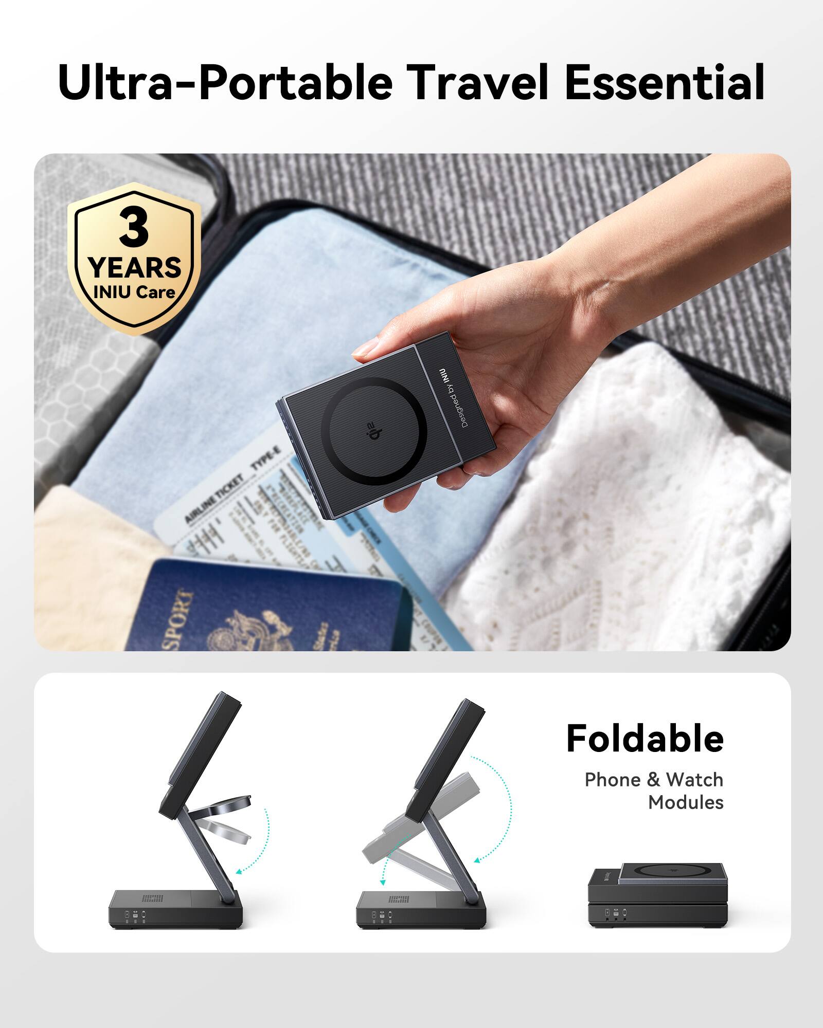 Ultra-Portable Travel Essential

3 YEARS INIU Care

Foldable Phone & Watch Modules

Qiz NIU by Designed
