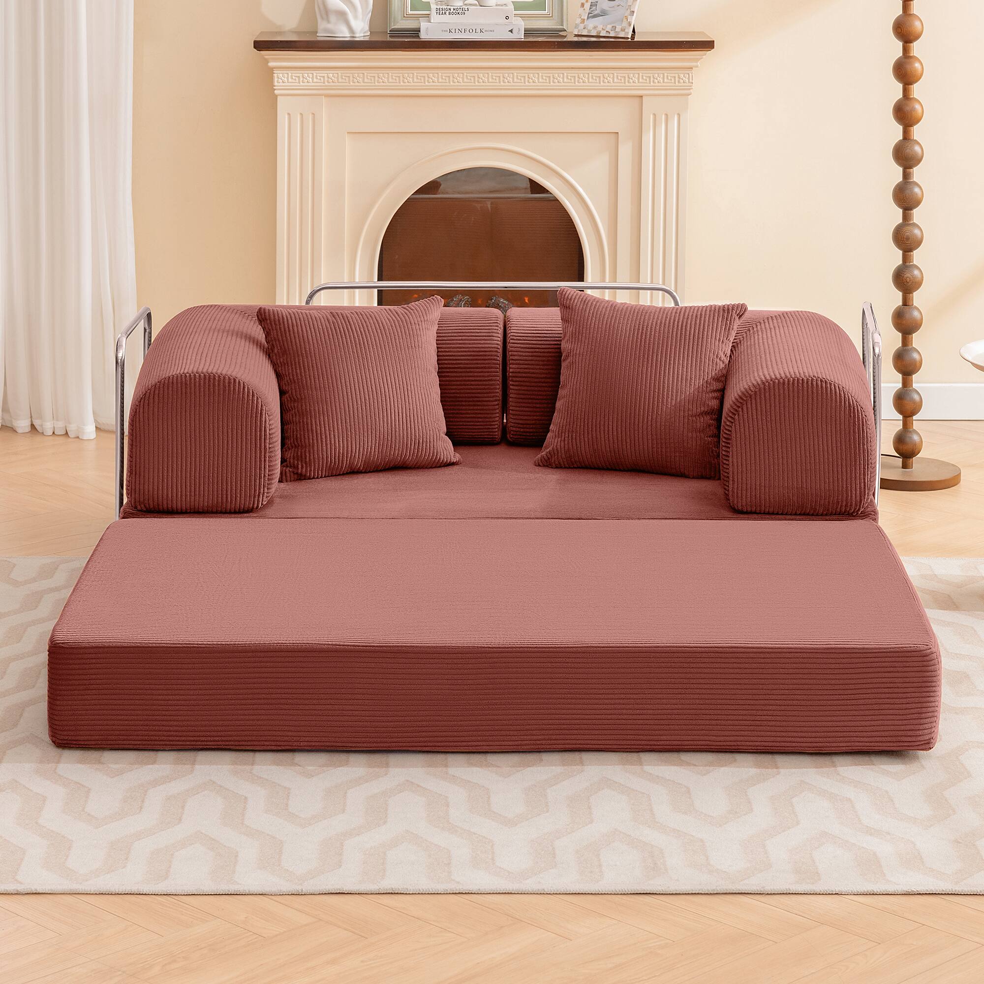 Left. Brick Attic - 4-in-1 Folding Convertible Floor Sofa Bed, 63 Inch Oversized Modern Fabric Boneless Couch for Living Room Bedroom Lounge - Pink.