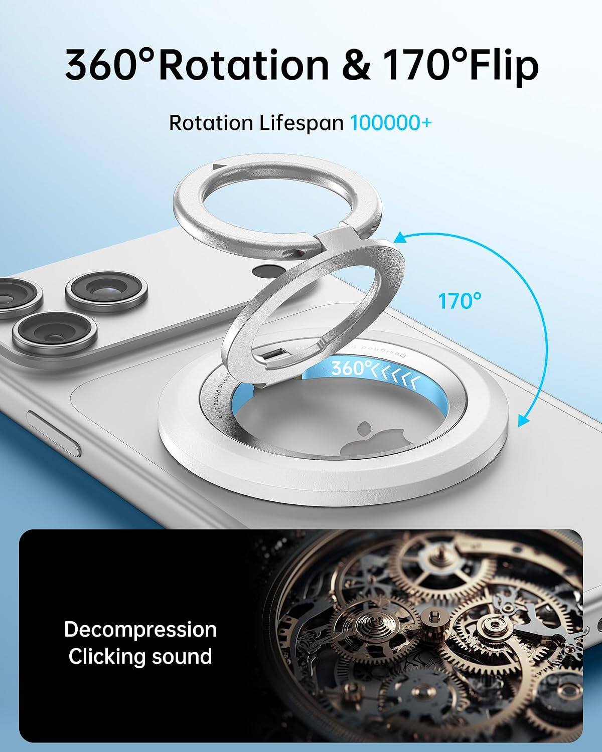 360° Rotation & 170° Flip  
Rotation Lifespan 100000+  
170°  
netic Phone Grip  
Designed 360°  
Decompression Clicking sound