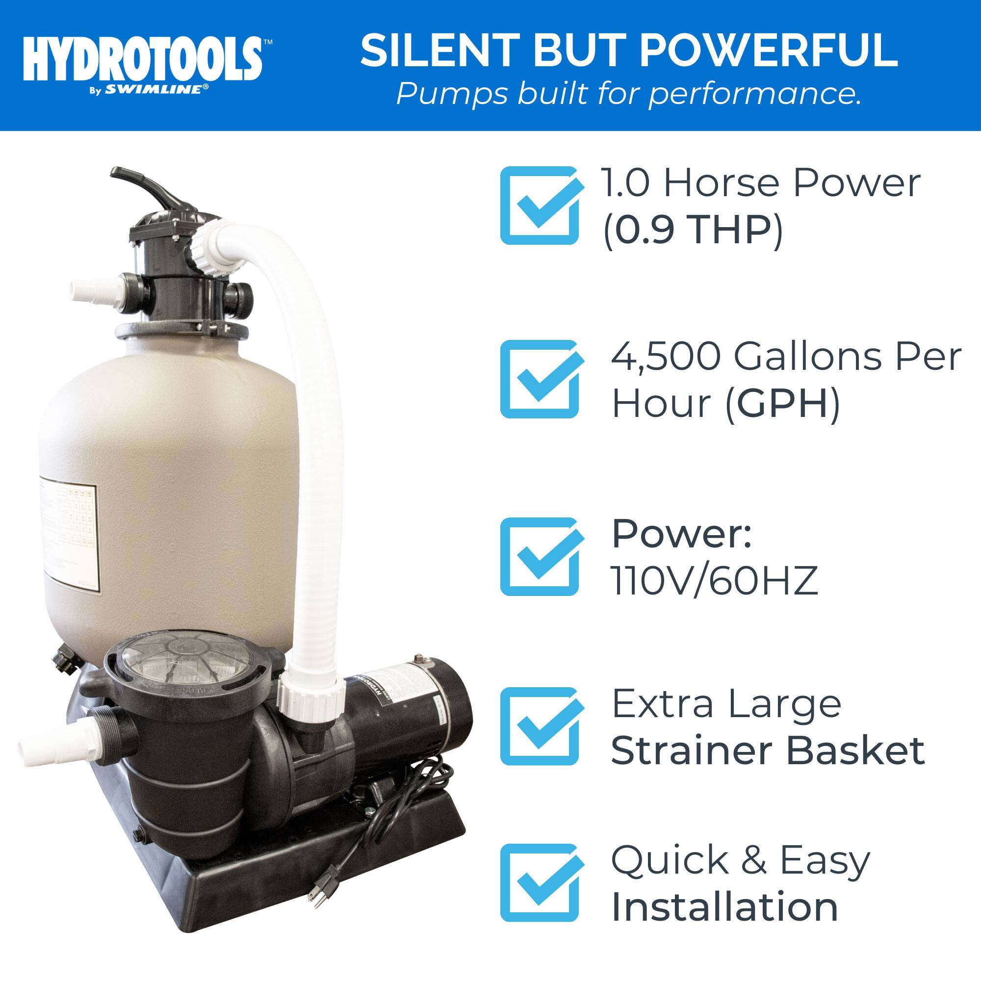 HYDROTOOLS™ by SWIMLINE®

SILENT BUT POWERFUL  
Pumps built for performance.

- 1.0 Horse Power (0.9 THP)
- 4,500 Gallons Per Hour (GPH)
- Power: 110V/60HZ
- Extra Large Strainer Basket
- Quick & Easy Installation