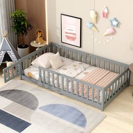 GOODSILO - Twin Size Floor Bed with Safety Fence and Door for Kids, Sturdy Rubber Wood Construction - Gray