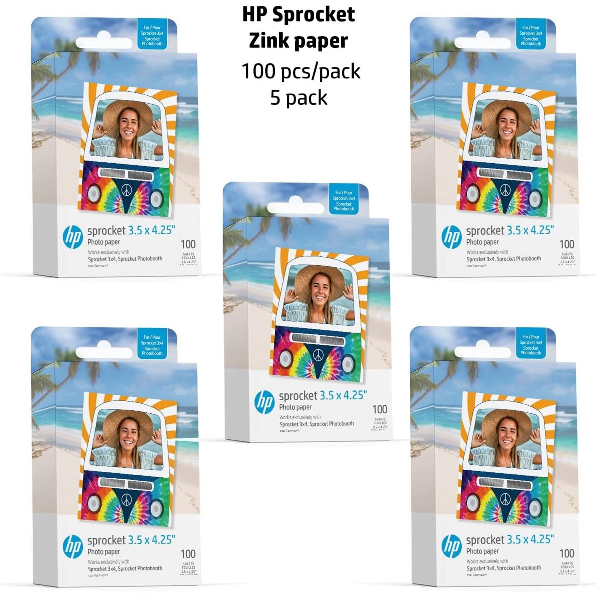 HP Sprocket Zink paper  
100 pcs/pack  
5 pack  

For use with:  
Sprocket 3.5 x 4.25"  
Works exclusively with:  
Sprocket 3.0, Sprocket 3.5, Sprocket Photobooth