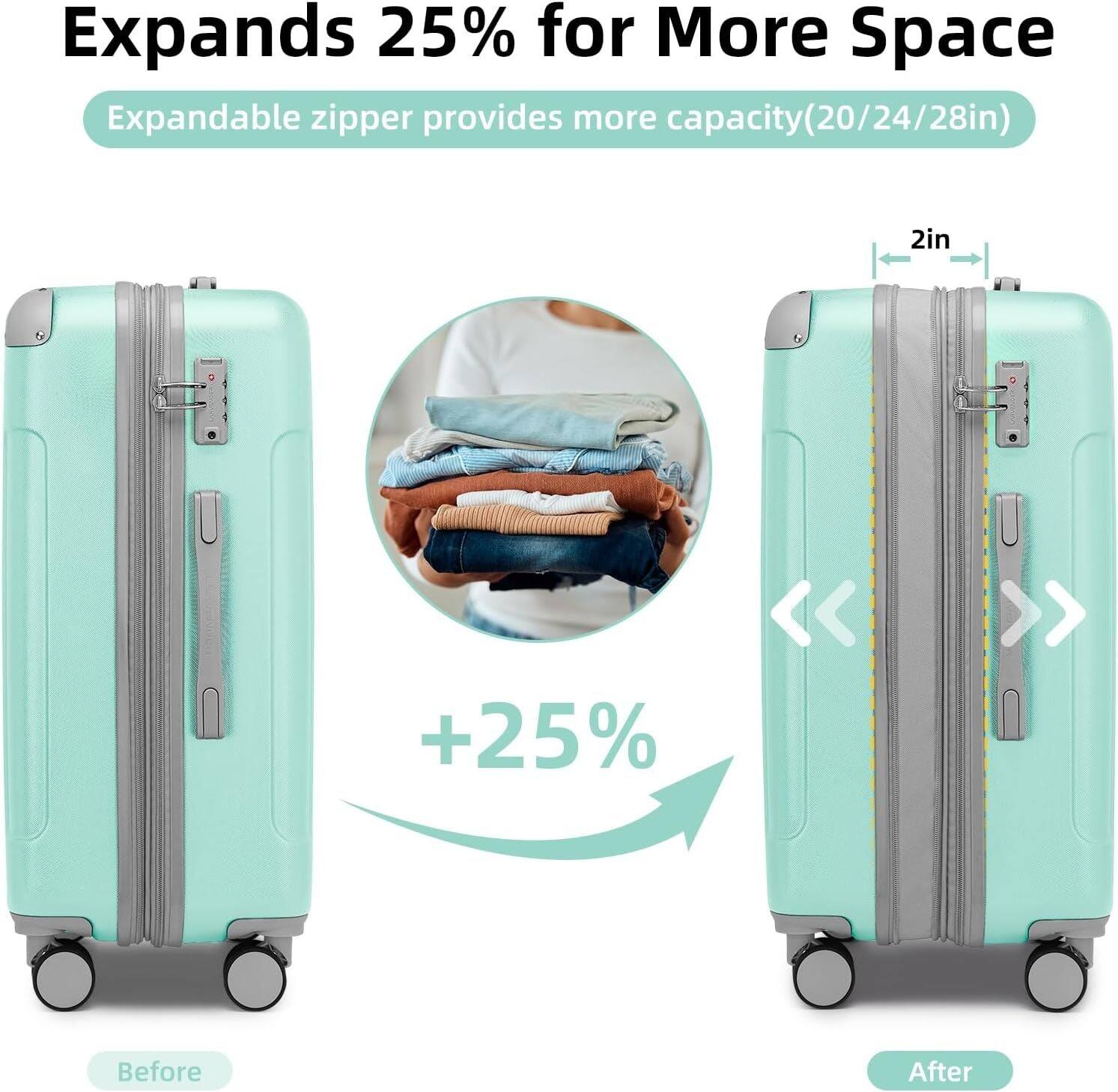 Expands 25% for More Space  
Expandable zipper provides more capacity (20/24/28in)  

Before  
After  

+25%  

2in