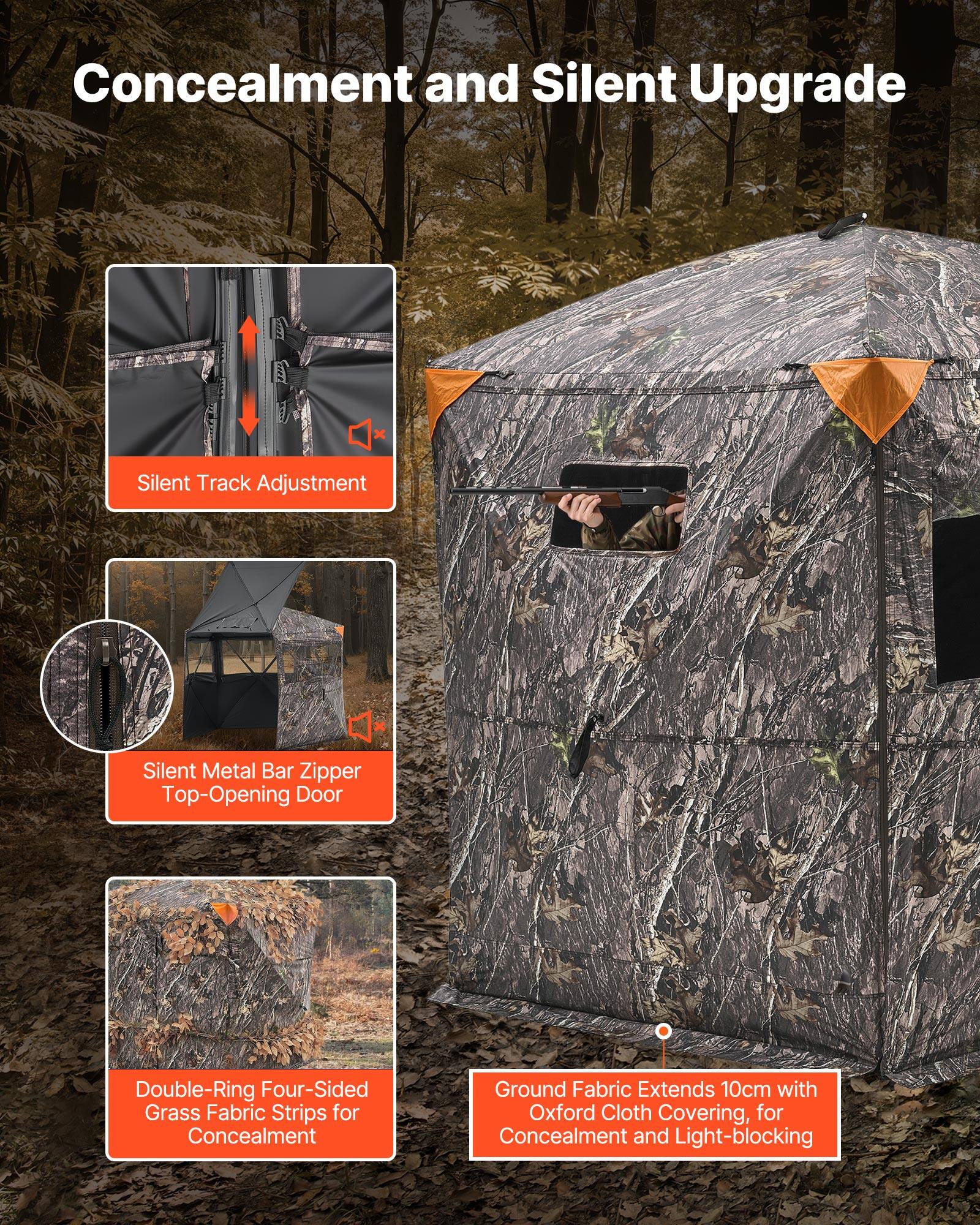 Concealment and Silent Upgrade

- Silent Track Adjustment
- Silent Metal Bar Zipper Top-Opening Door
- Double-Ring Four-Sided Grass Fabric Strips for Concealment
- Ground Fabric Extends 10cm with Oxford Cloth Covering, for Concealment and Light-blocking