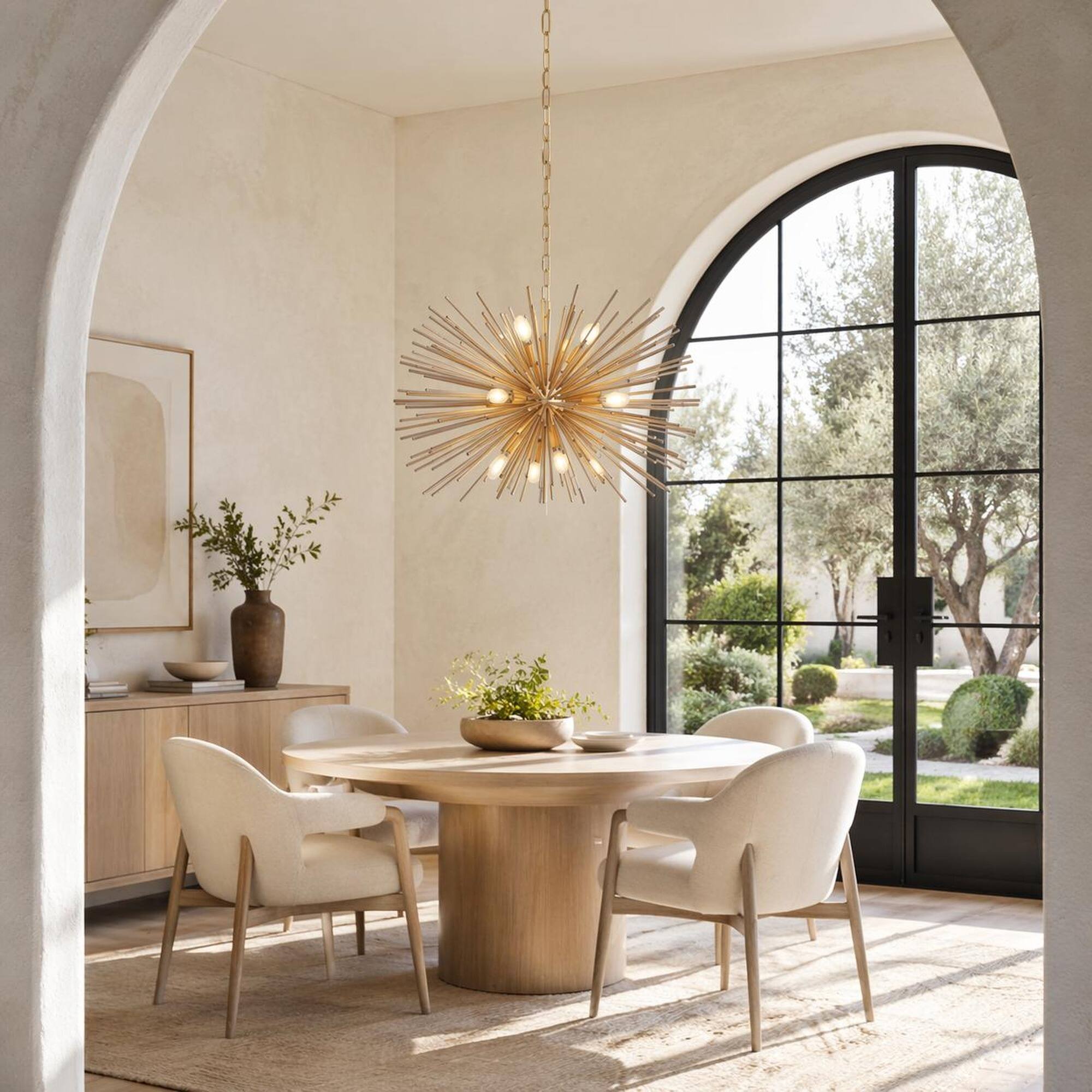 Left. RYHNUYNE - 29-Inch Mid-Century Modern 12-Light Gold Starburst Chandelier, Sputnik Pendant Ceiling Light for Living Room.