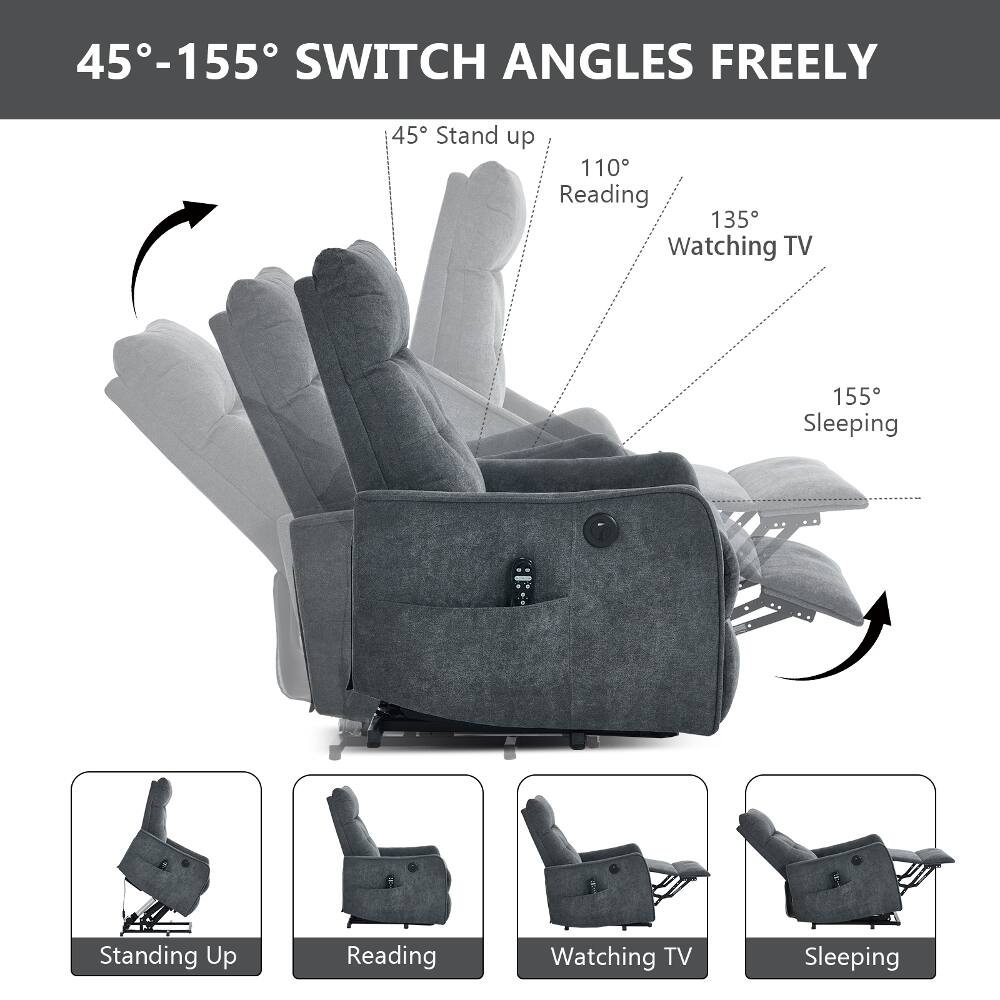 45°-155° SWITCH ANGLES FREELY

45° Stand up
110° Reading
135° Watching TV
155° Sleeping

Standing Up
Reading
Watching TV
Sleeping