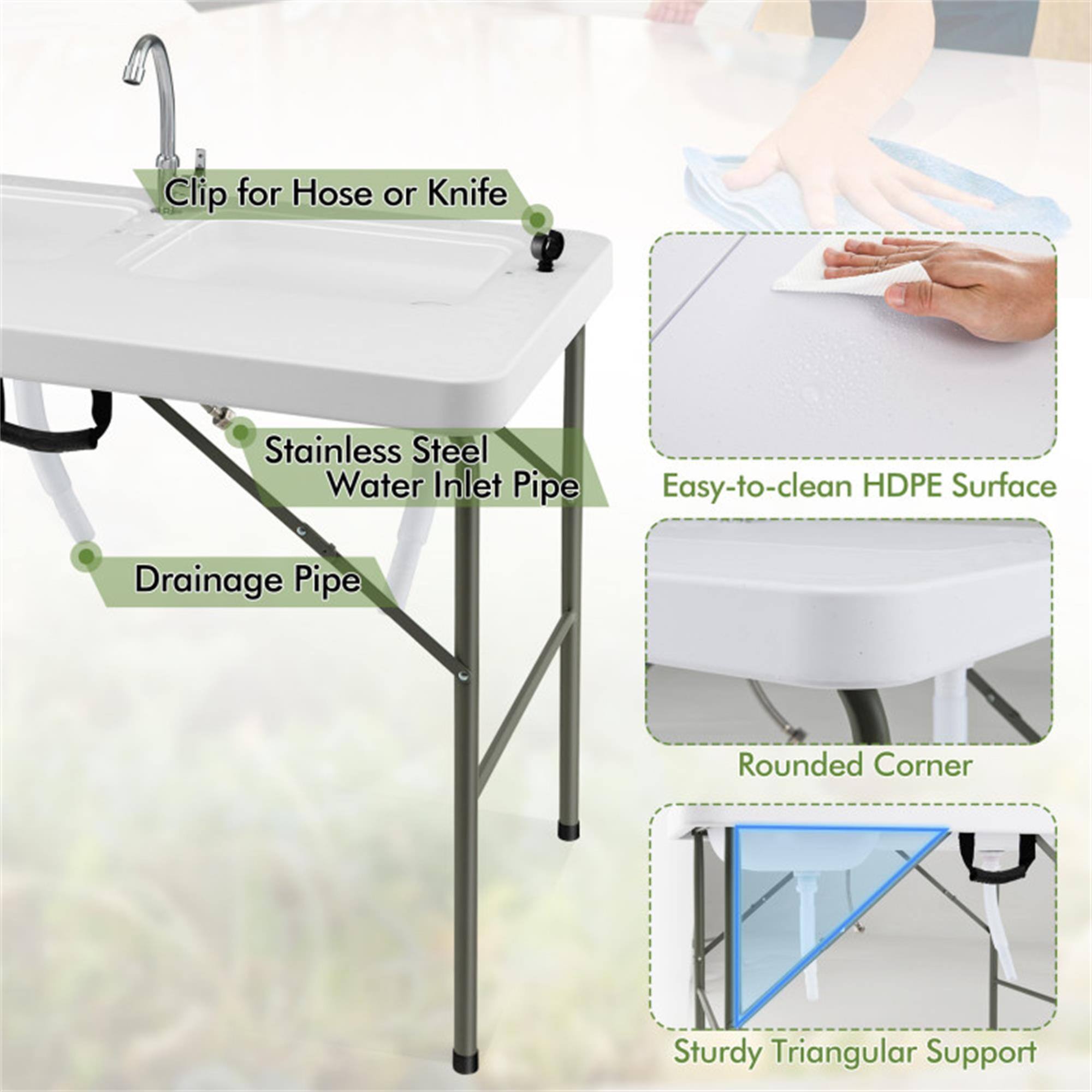 - Clip for Hose or Knife
- Stainless Steel Water Inlet Pipe
- Drainage Pipe
- Easy-to-clean HDPE Surface
- Rounded Corner
- Sturdy Triangular Support