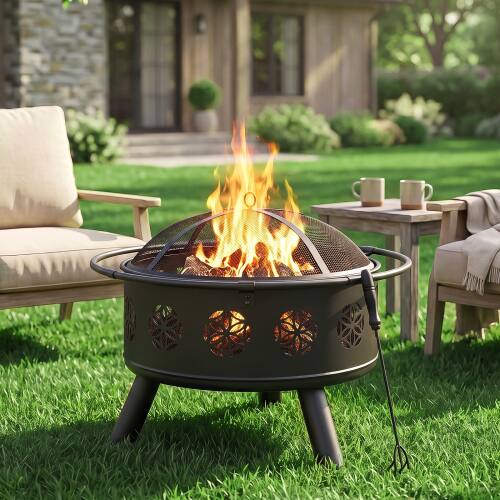 Alt View 9. Winado - 30in Metal Fire Pit Stove, Portable Round Wood Burning with Cover, Handle Ring for Outdoor Camping Garden Party Picnic - Black-Floral Pattern.