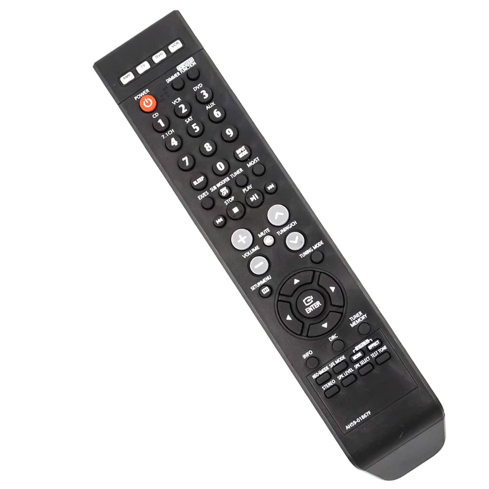 VCW 3H PONCION MAP DIMIER DVD POWER 3 VCR AUX 2 6 8 1 SAT 5 7.1CH 4 8 - - 7 o MO/ST TUNER ILEEP HOOPER SUB PLAY E EXIES STOP I E MUTE TUNINGOH TUNING MODE MODE VOLUME TUNING UNIMHUTRR - G ENTER TUNER DRC - -ECT TONE INFO - TESTTORE MODE s SE 2 MEO-CCE SPKLEVEL STEREO AH59-01867F 867F AH59-0