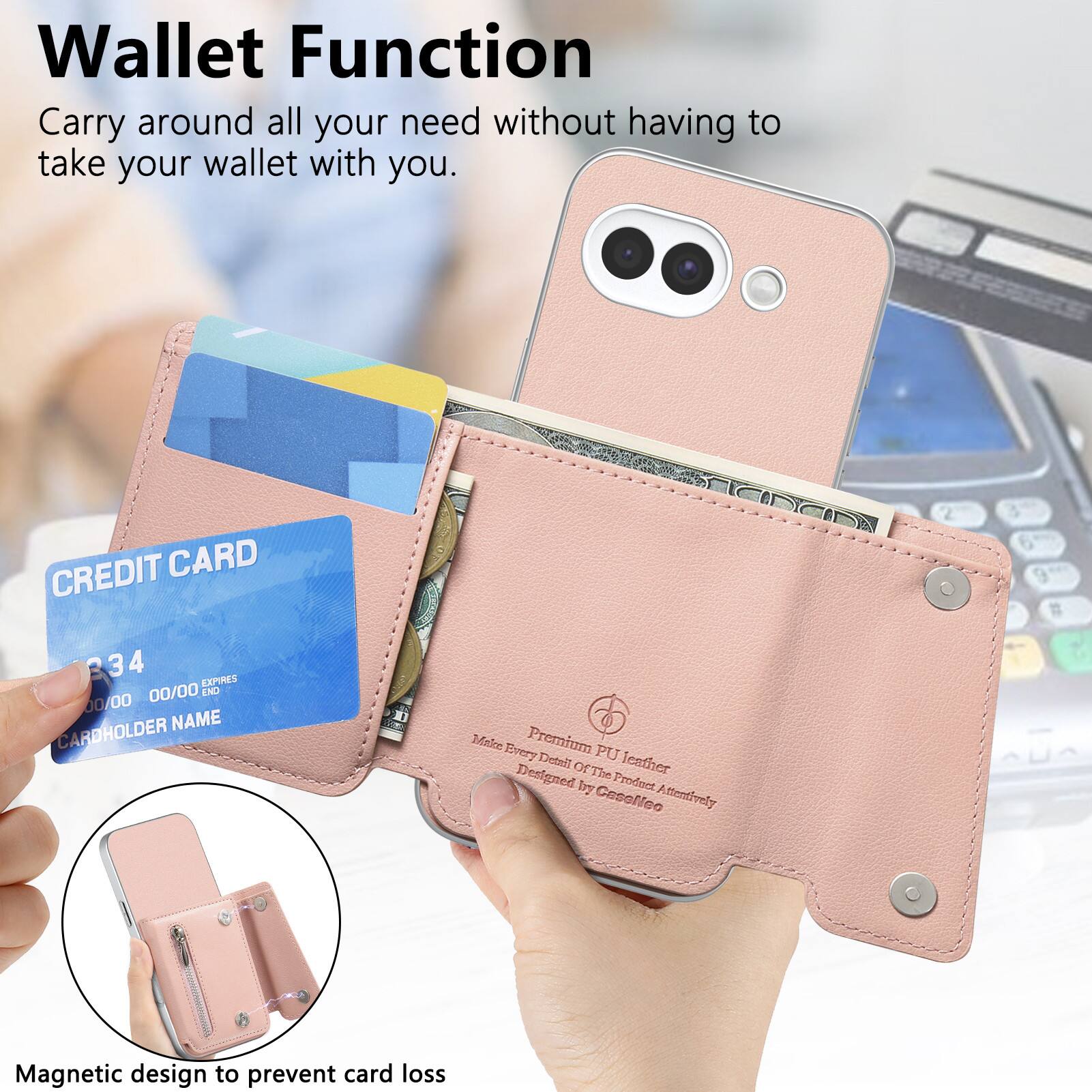 Wallet Function  
Carry around all your need without having to take your wallet with you.

CREDIT CARD  
34  
EXPIRES 00/00  
END 00/00  
CARDHOLDER NAME

Make Every Premium Detail PU Designed Of The Leather by Product Caselleo Attentively

Magnetic design to prevent card loss