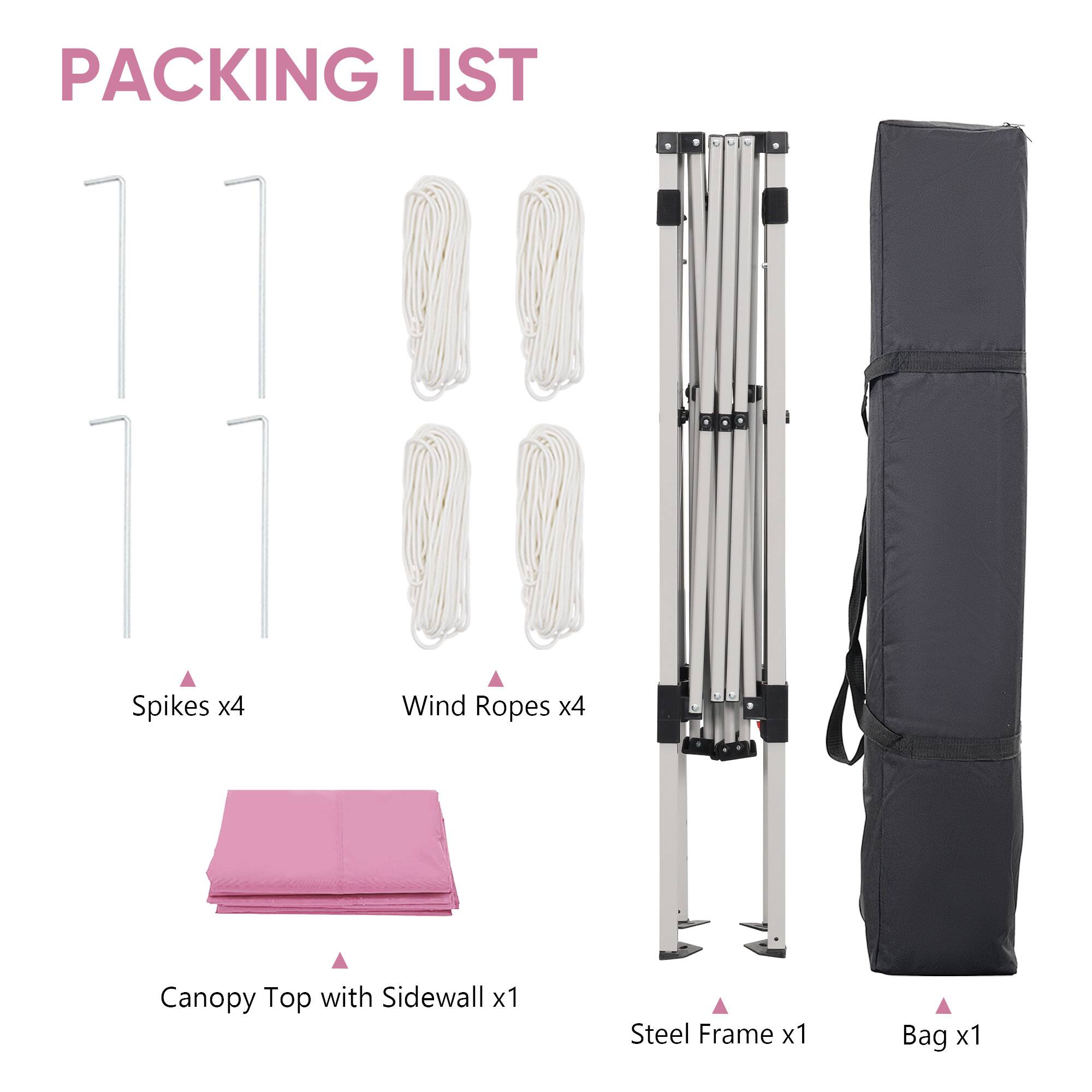 PACKING LIST

- Spikes x4
- Wind Ropes x4
- Canopy Top with Sidewall x1
- Steel Frame x1
- Bag x1