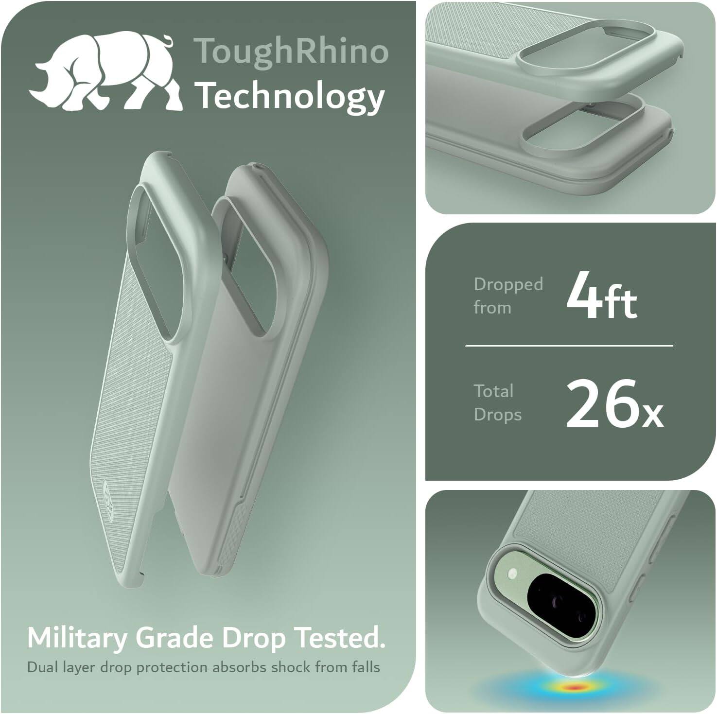 ToughRhino Technology

Dropped from 4ft

Total Drops 26x

Military Grade Drop Tested.
Dual layer drop protection absorbs shock from falls