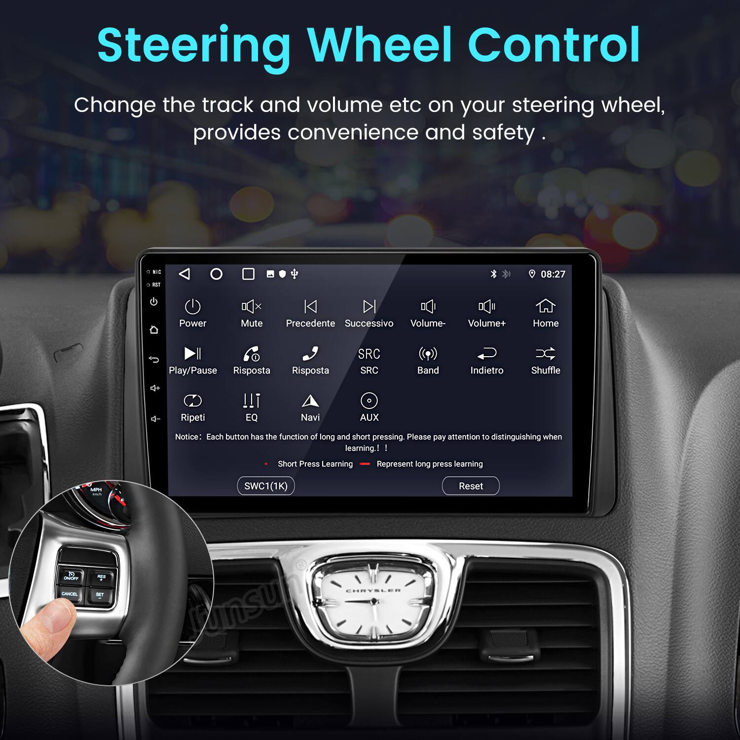 Steering Wheel Control  
Change the track and volume etc on your steering wheel, provides convenience and safety.  

Power Mute Precedente Successivo Volume- Volume+ Home Play/Pause Risposta Risposta SRC SRC Band Indietro Shuffle Ripeti !!T EQ Navi AUX  

Notice: Each button has the function of long and short pressing. Please pay attention to distinguishing when learning.  
1 - Short Press Learning  
Represent long press learning  

LANER MPT SWC1(1K) FHOVSLER Lnsule Reset