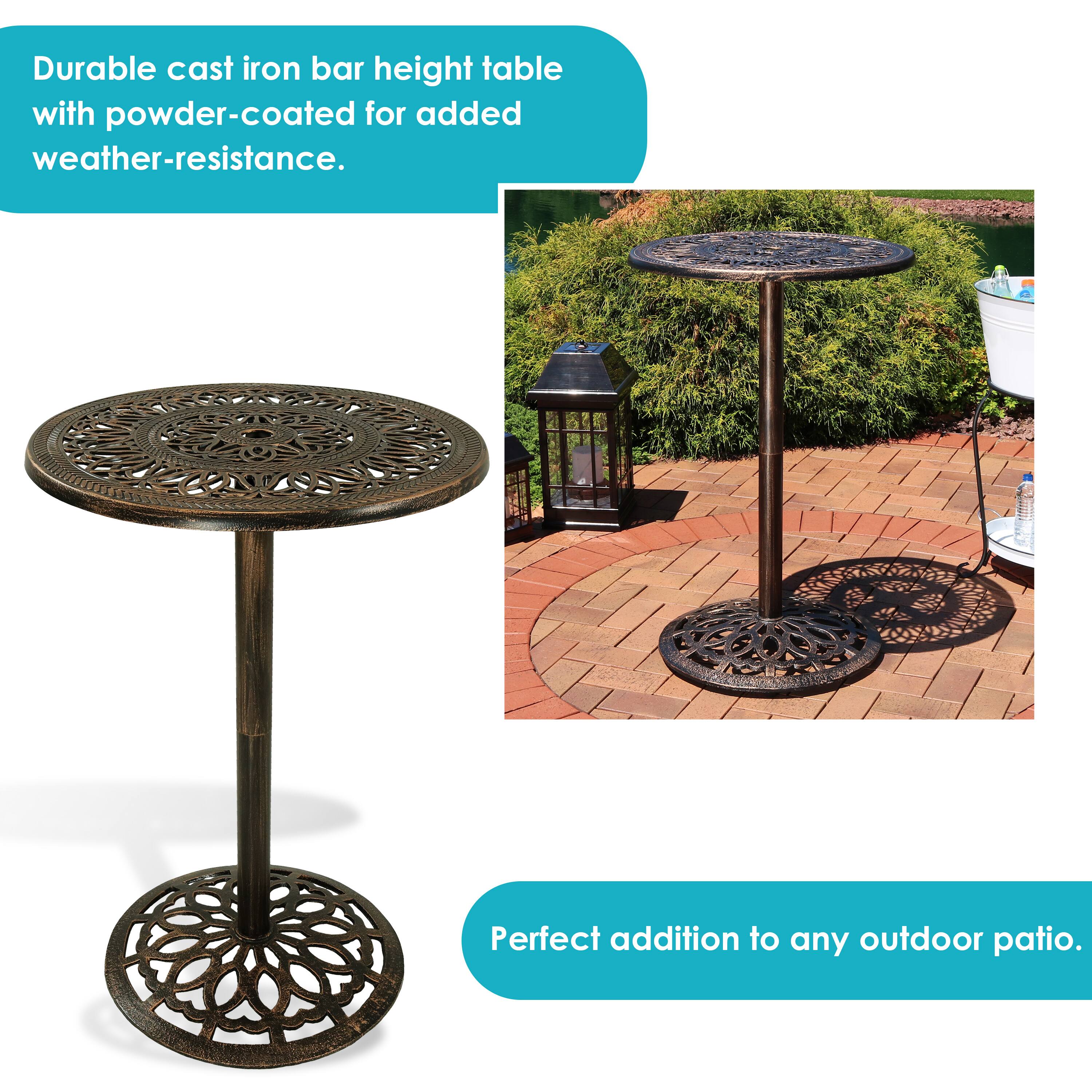 Durable cast iron bar height table with powder-coated for added weather-resistance. Perfect addition to any outdoor patio.