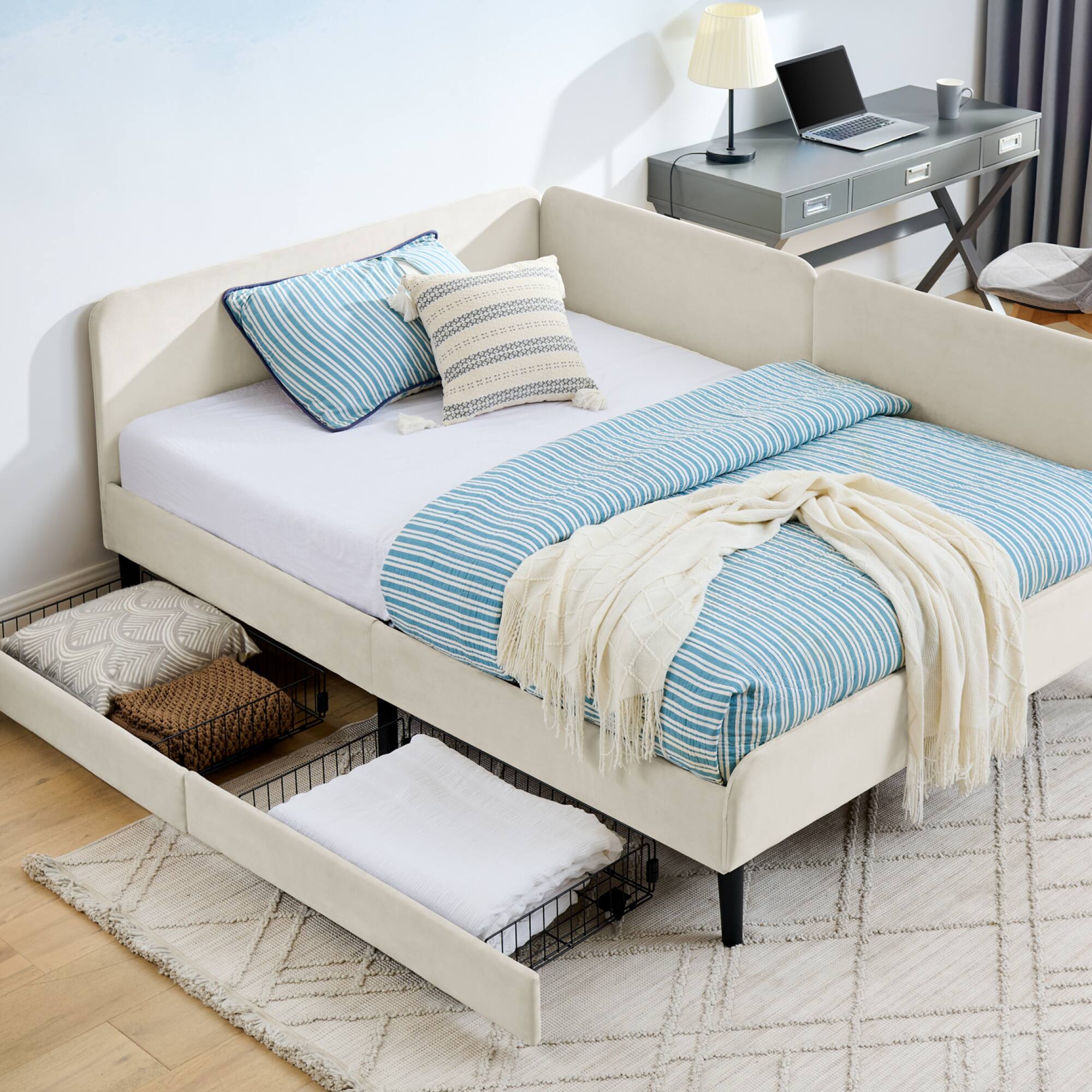 Left. GOODSILO - Full Size Upholstered Platform Bed Frame with Storage Drawers and Adjustable Sofa Functionality - Beige.