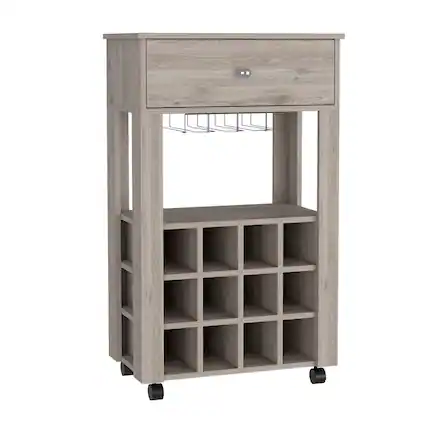 Front. TuHome - Memphis Bar Cart, Twelve Built-In Wine Rack, Casters, Drawer, Bar Room or Living Room - Light Gray.