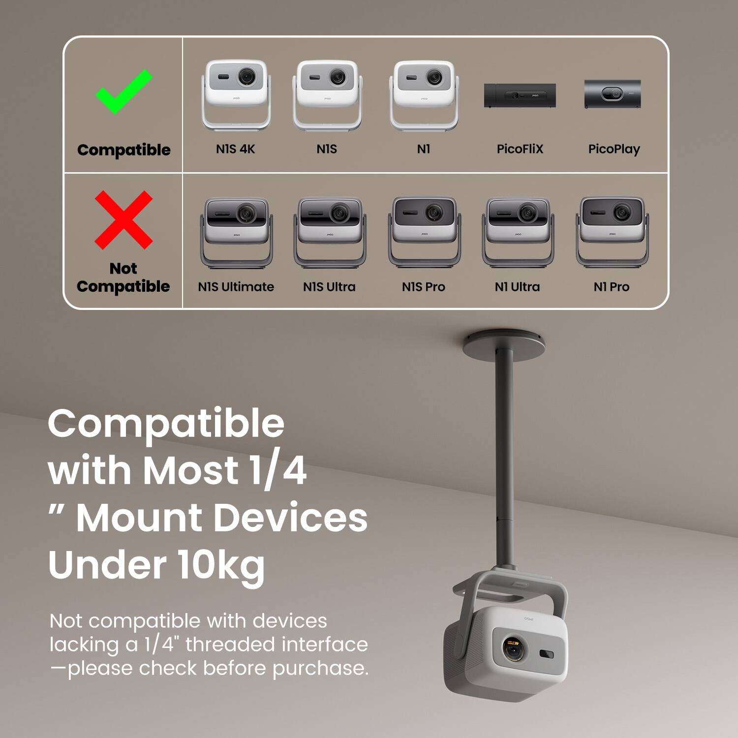 Compatible N1S 4K, N1S, PicoFliX, PicoPlay
Not Compatible NIS Ultimate, NIS Ultra, N1 Ultra, N1 Pro
Compatible with Most 1/4" Mount Devices Under 10kg
Not compatible with devices lacking a 1/4" threaded interface -please check before purchase.