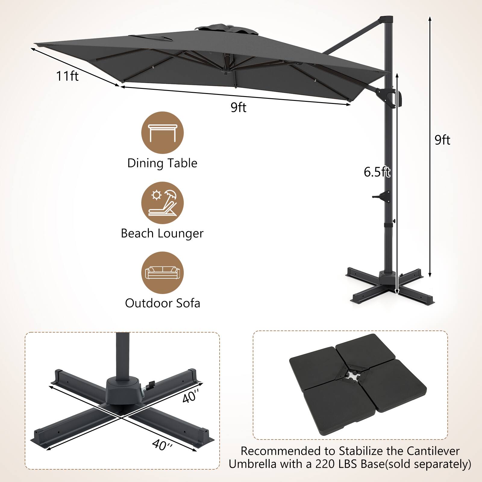 11ft 9ft 9ft Dining Table 6.5ft Beach Lounger Outdoor Sofa 40" 40" Recommended to Stabilize the Cantilever Umbrella with a 220 LBS Base (sold separately)