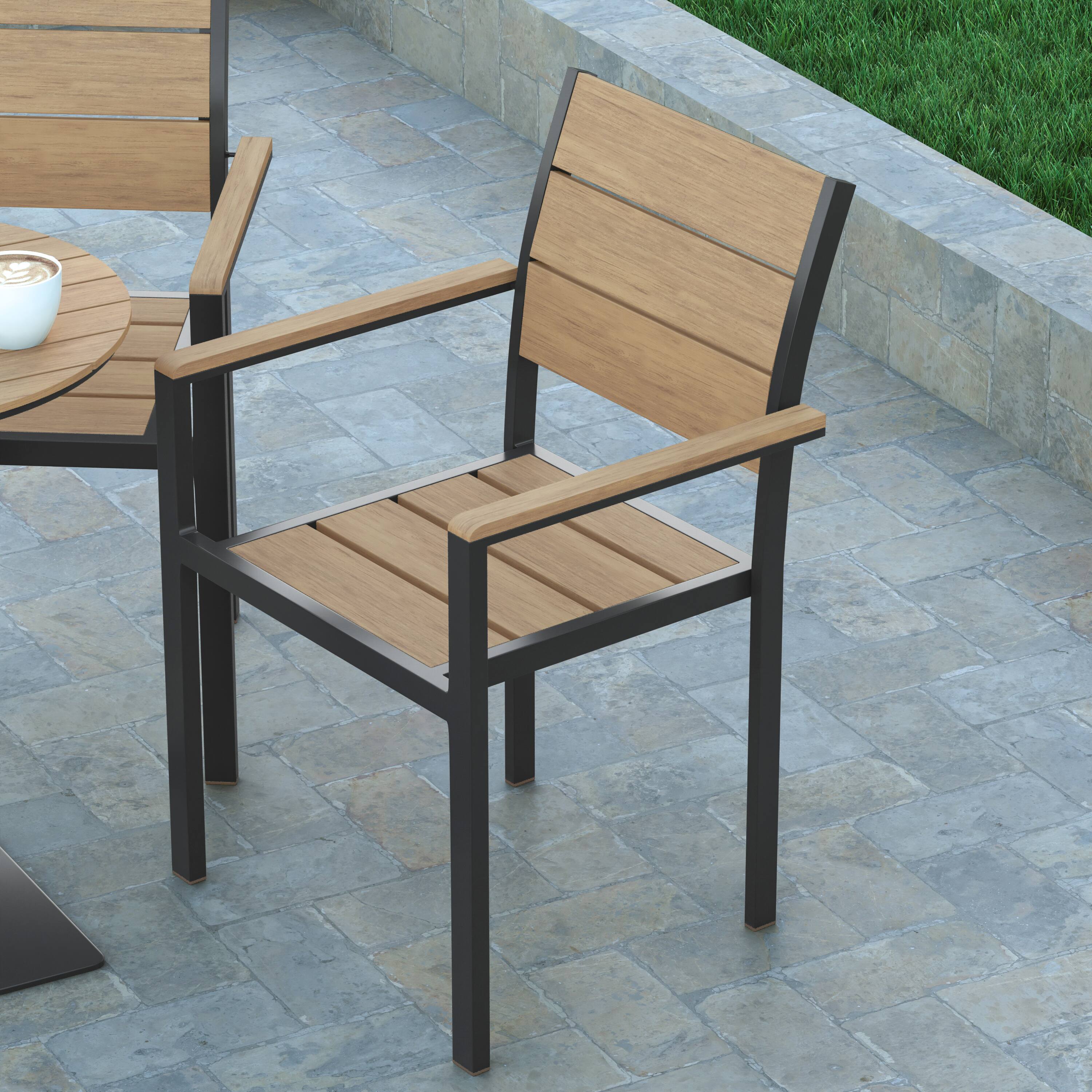 Alt View 3. Emma + Oliver - Fena Outdoor Stacking Side Chair with Faux Teak Poly Slat Seat, Back and Arms and Metal Frame - Natural.