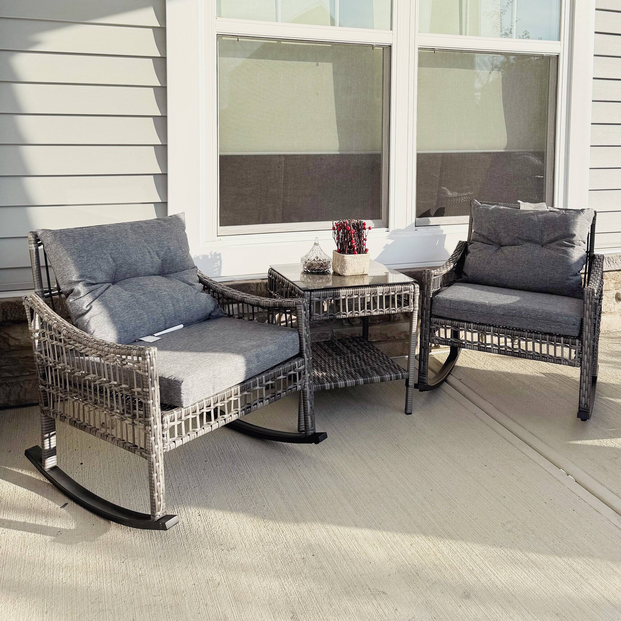 Alt View 7. Outsunny - Piece Outdoor PE Rattan Rocker Chair Set - Gray.