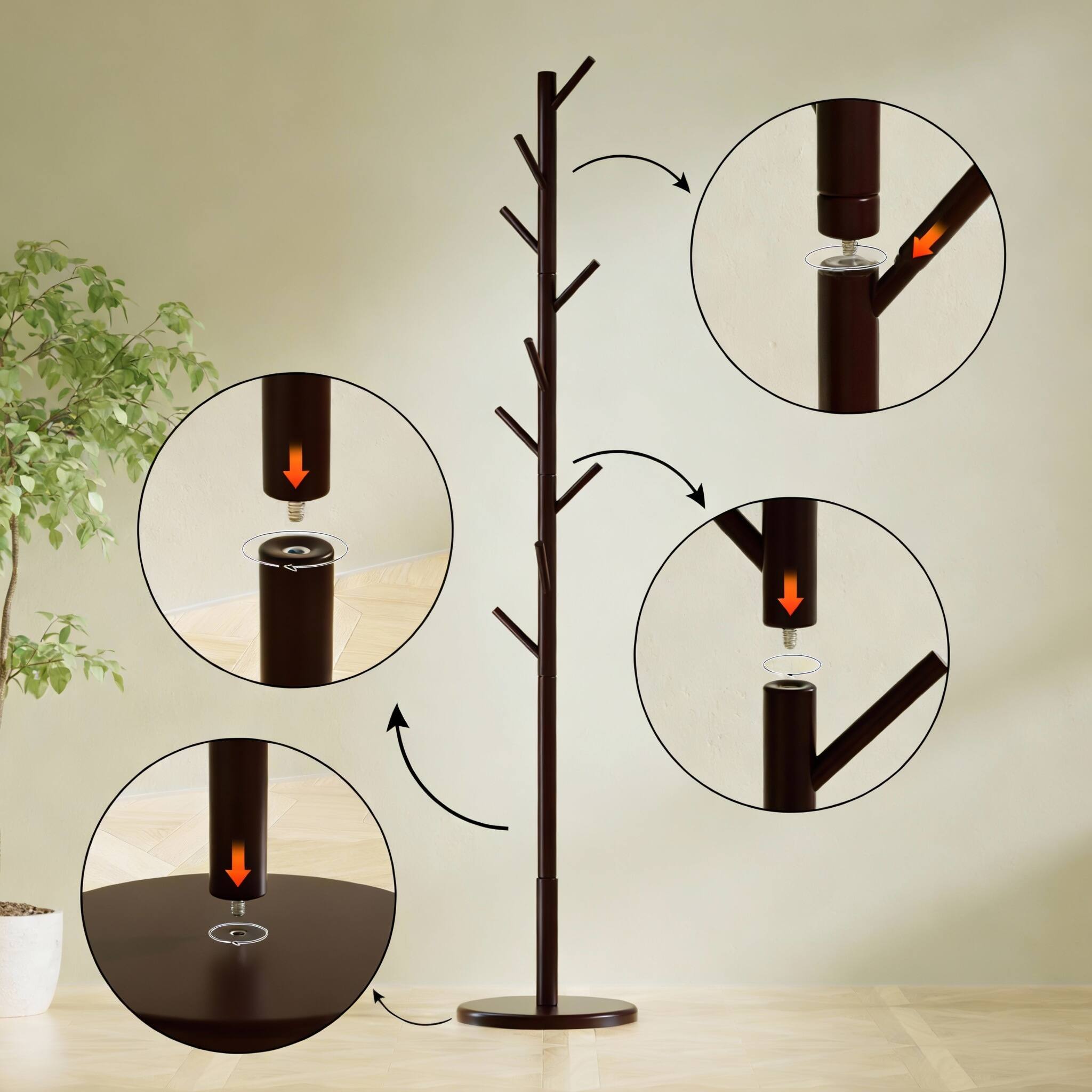 Alt View 3. Frangdom - Bamboo Coat Tree 9 Hooks 4 Heights Tool-Free Assembly - Dark Brown 13.2"D x 13.2"W x 68.8"H.