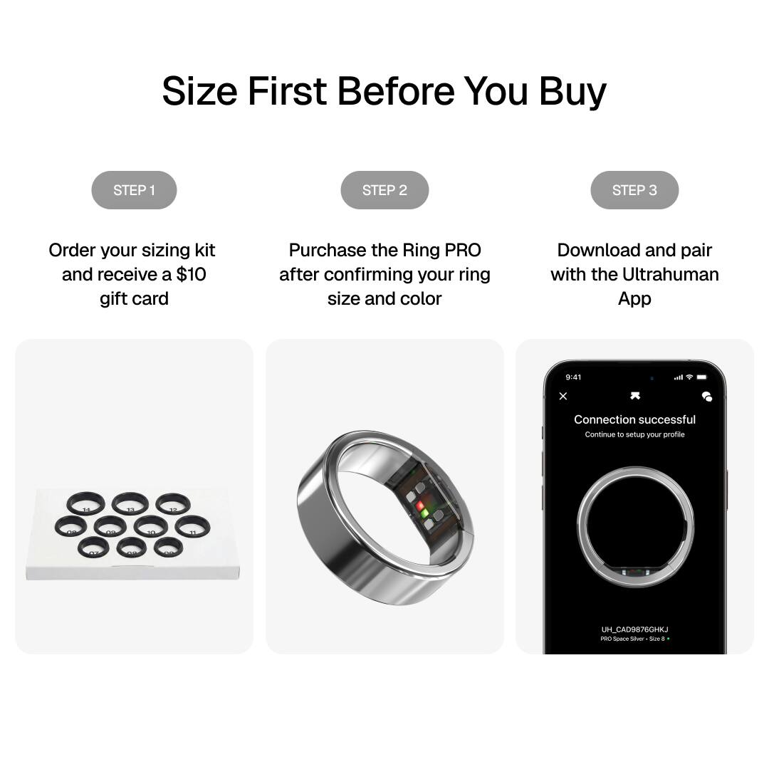 Size First Before You Buy

STEP 1
Order your sizing kit and receive a $10 gift card

STEP 2
Purchase the Ring PRO after confirming your ring size and color

STEP 3
Download and pair with the Ultrahuman App

9:41
Connection successful
Continue to setup your profile

UH_CAD9876GHKJ
PRO Space Silver - Size 8
