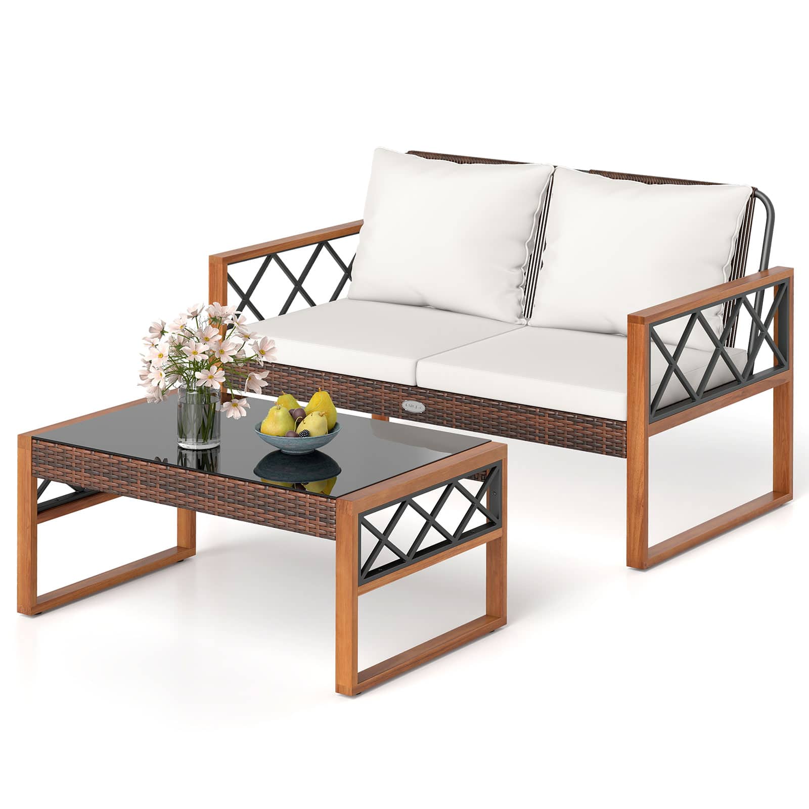 Gymax - 2 Pieces Patio PE Wicker Furniture Set Outdoor Acacia Wood Loveseat for Porch - Brown