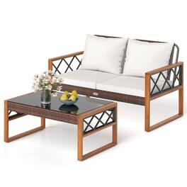 Gymax - 2 Pieces Patio PE Wicker Furniture Set Outdoor Acacia Wood Loveseat for Porch - Brown