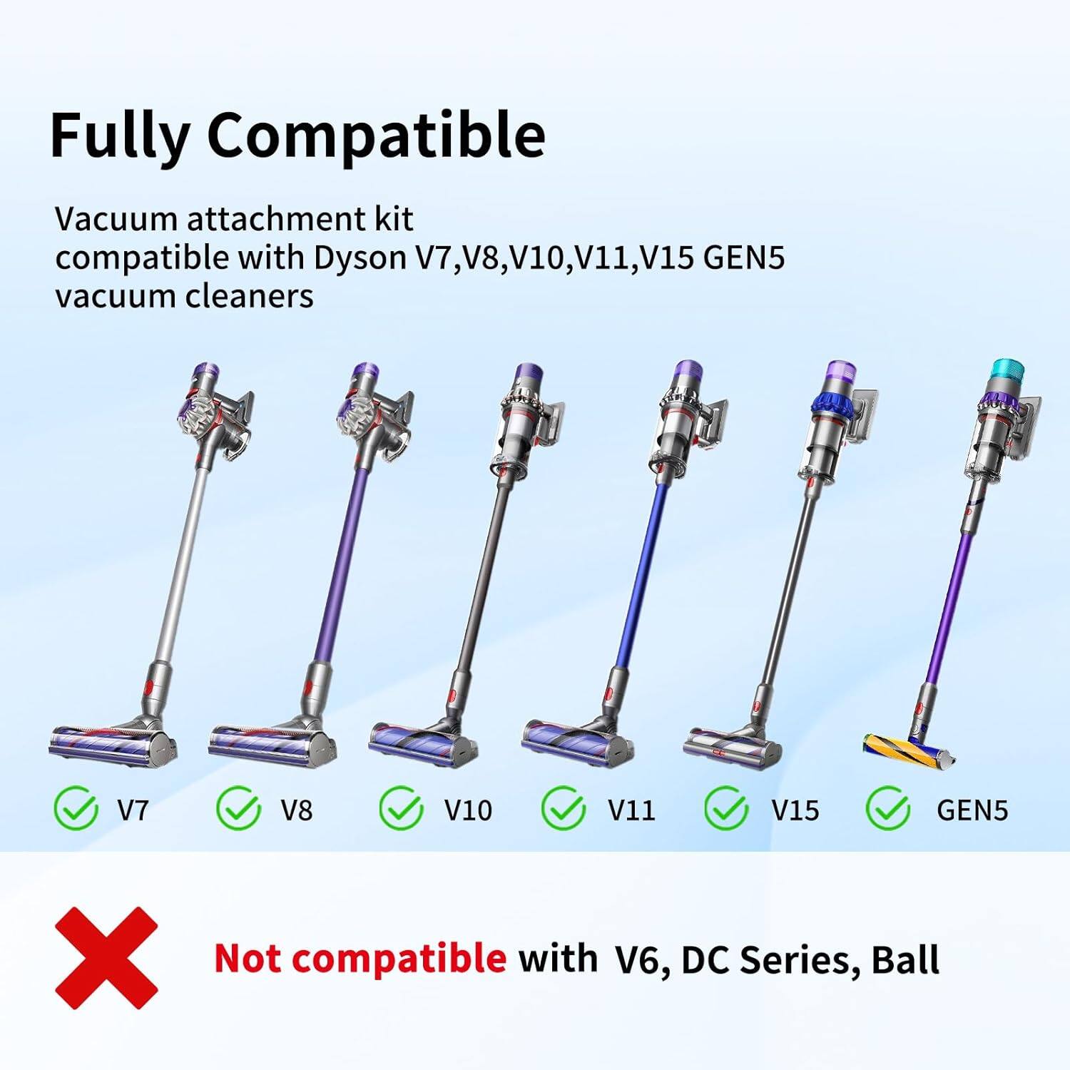 Fully Compatible

Vacuum attachment kit compatible with Dyson V7, V8, V10, V11, V15 GEN5 vacuum cleaners

- V7
- V8
- V10
- V11
- V15
- GEN5

Not compatible with V6, DC Series, Ball