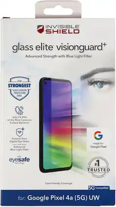 INVISIBLE SHIELD glass elite visionguard+ Advanced Strength with Blue Light Filter
OUR STRONGEST GLASS SCREEN PROTECTION EVER
Kills 99.99% of the Most Common Surface Bacteria
Protects from Digital Eye Strain and Enhanced Blue Light Filter
made for Google Pixel
With eyesafe Technology
Case-friendly Coverage
5G Compatible
for: Google Pixel 4a (5G) UW