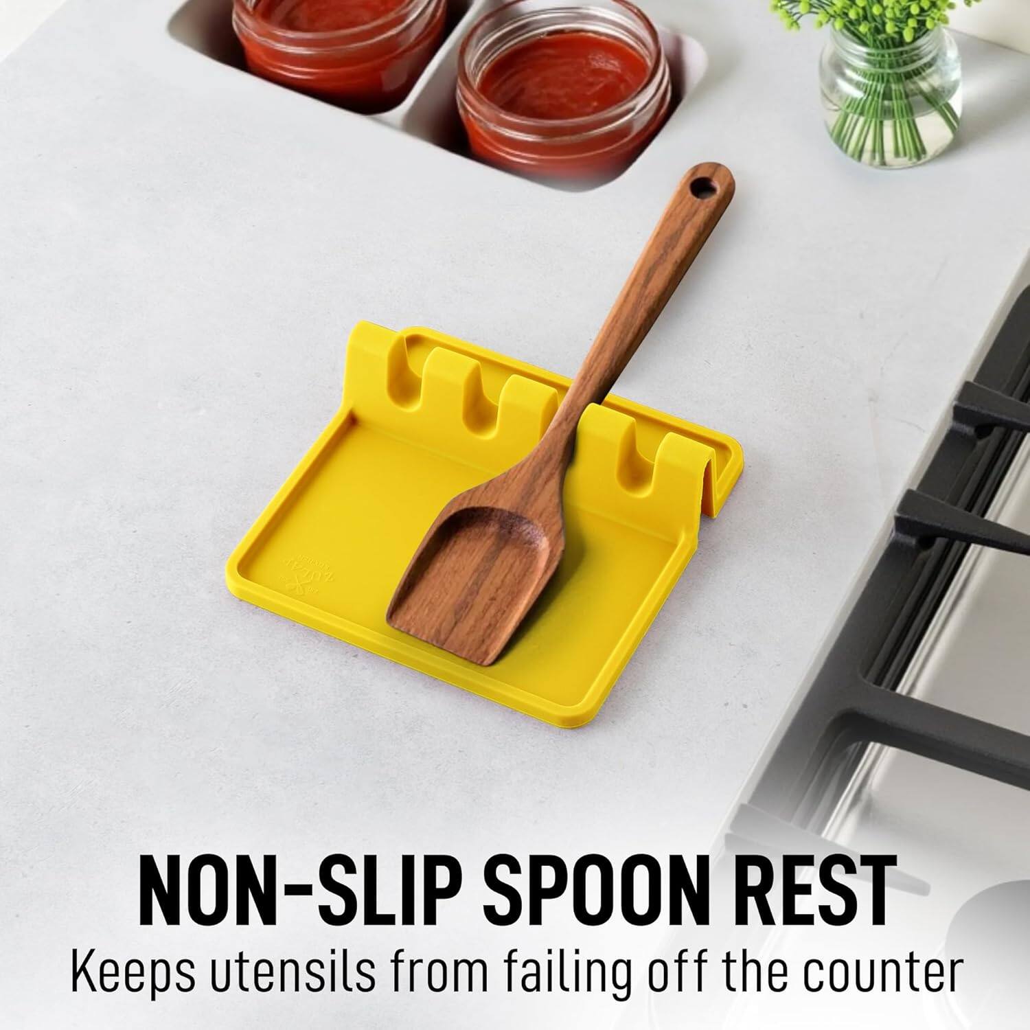NON-SLIP SPOON REST  
Keeps utensils from falling off the counter