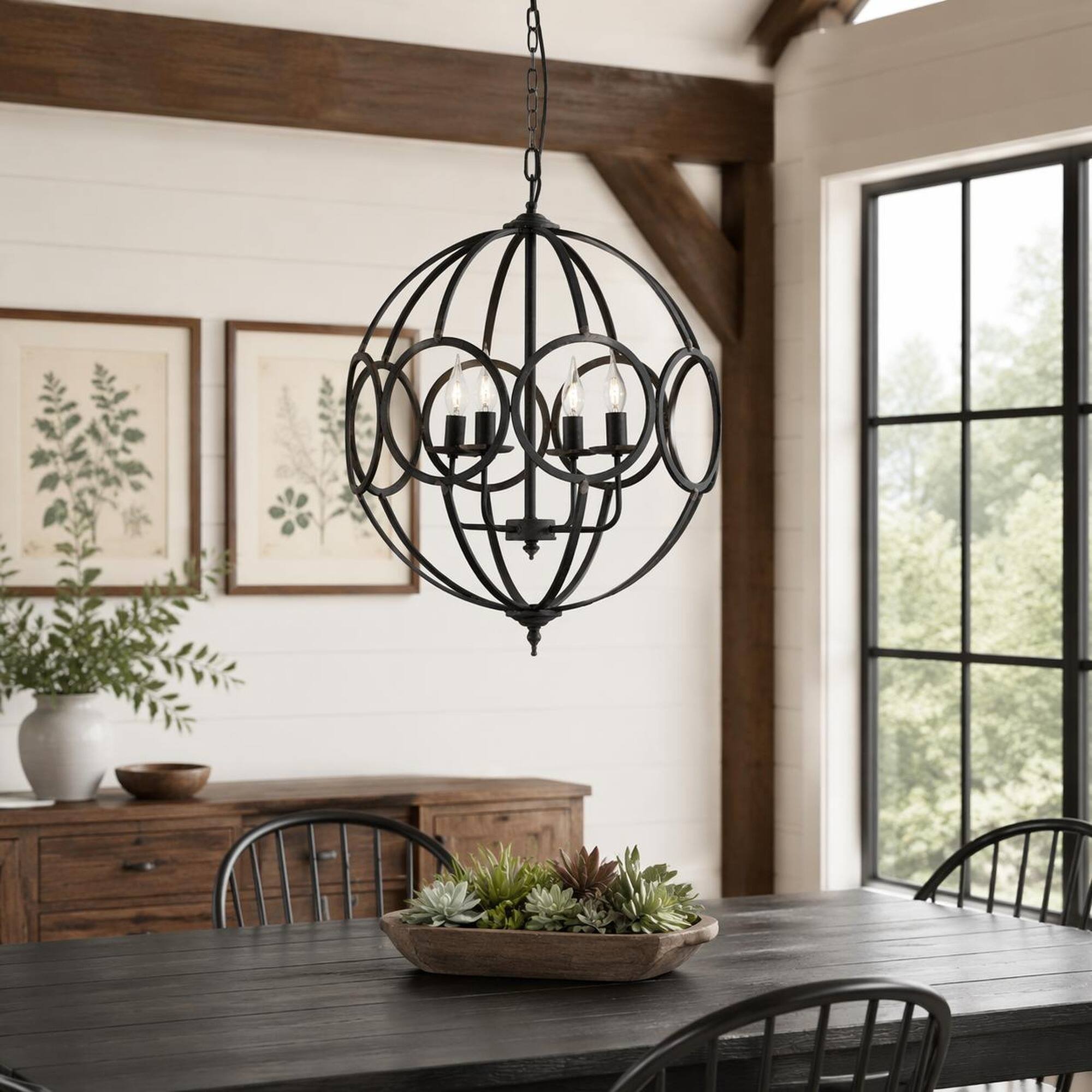 Angle. RYHNUYNE - 4-Light Industrial Globe Cage Chandelier, Black Farmhouse Light Fixture for Kitchen Dining Room Foyer - Black.