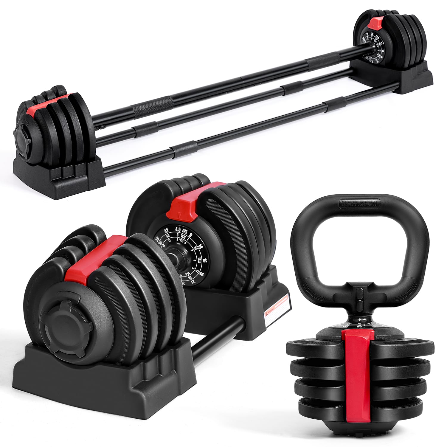 Front. KERDOM - 3 in 1 Adjustable Dumbbells Set Used as Barbell, Kettlebell, Push up Stand, 2-43 lbs Free Weight Set with Connector - Red.