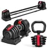 Front. KERDOM - 3 in 1 Convertible Dumbbell used as Barbell, Kettlebell, Push up Stand, 2-43 lbs Adjustable Weight with Connector, 1pc - Red.