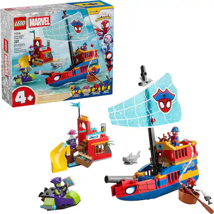 LEGO MARVEL 11208 Team Spidey Pirate Ship 201 pcs/pzs - F - - - - S - - - - - - - - - - CHOKING HAZARD 4+ WARNING ins mman N fr chieren SAl oe Disnyde Mu SPIDEY FRIEADS AMAZ UEI DIN ML F Se AA i DHOOT MORALLS ENDEY SHD FRACK-E 4 . - V