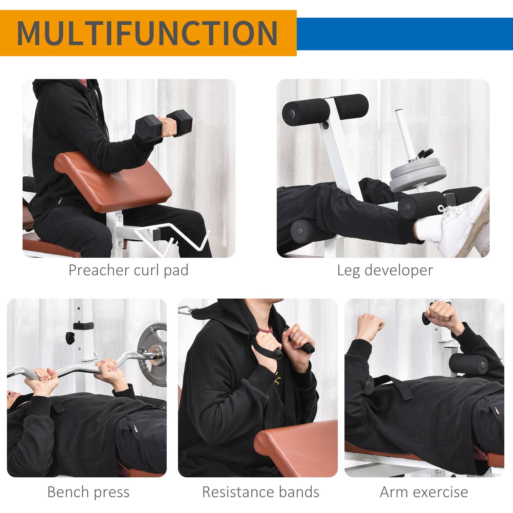 MULTIFUNCTION

- Preacher curl pad
- Leg developer
- Bench press
- Resistance bands
- Arm exercise