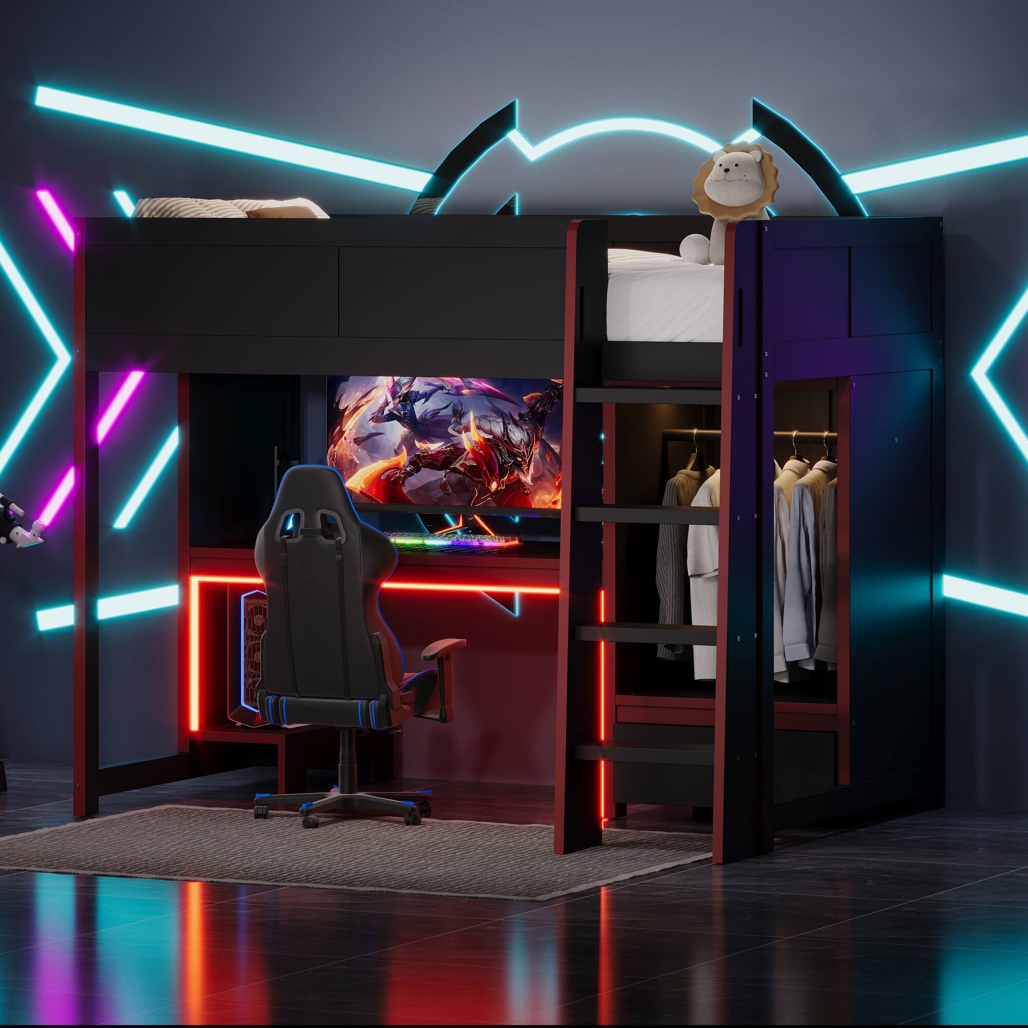 Front. Anysun - Twin Size Gaming Loft Bed with Built-in Desk, Wardrobe, Drawer & LED, Space-Saving Wood Bed for Kids Bedroom - Black.