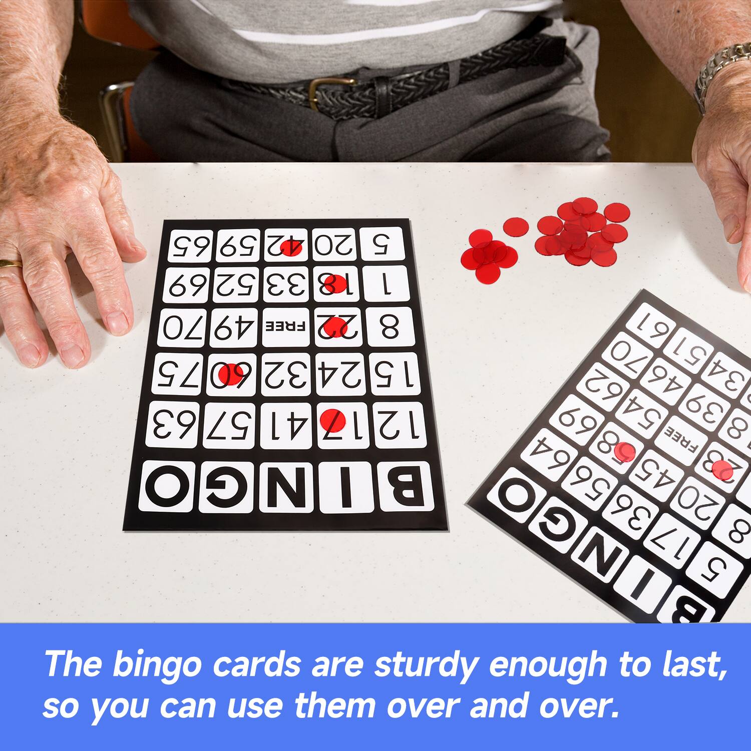 65 59 42 20 5 69 52 33 8 L 70 49 FREE 22 8 61 70 51 75 09 32 24 15 62 46 34  63 57 41 L 12 69 54 39 FREE 8 89 1 64 45 23 BINGO N I B O 56 20 G 36 8 BINGO N 17 I 5 B

The bingo cards are sturdy enough to last, so you can use them over and over.