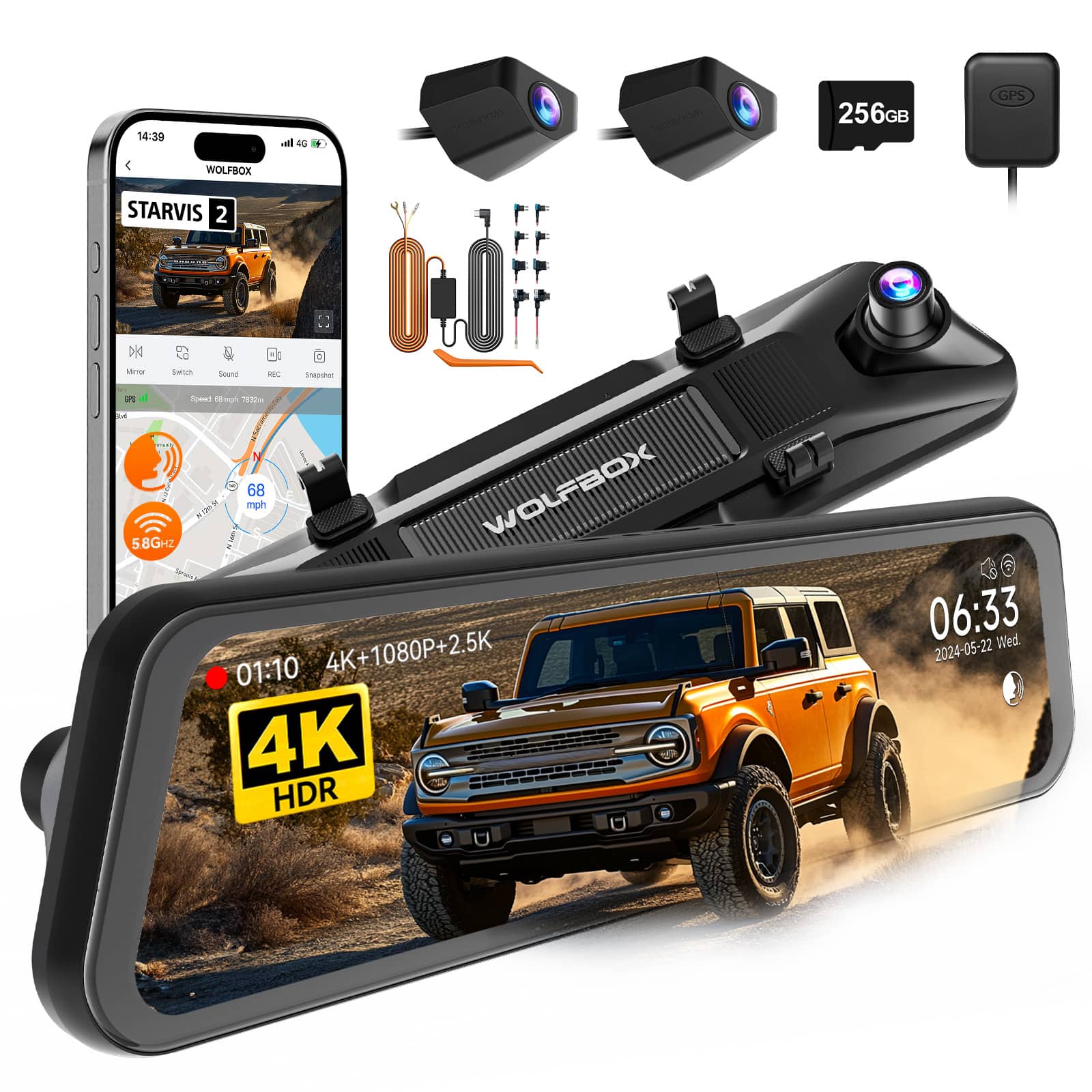 Wolfbox | | 3 Channel Dash Cam, STARVIS 2 Sensor, 4K+1080P+2.5K, 5.8GHz WiFi, Free 256GB Card, GPS, WDR, G-sensor | Black | Best Buy