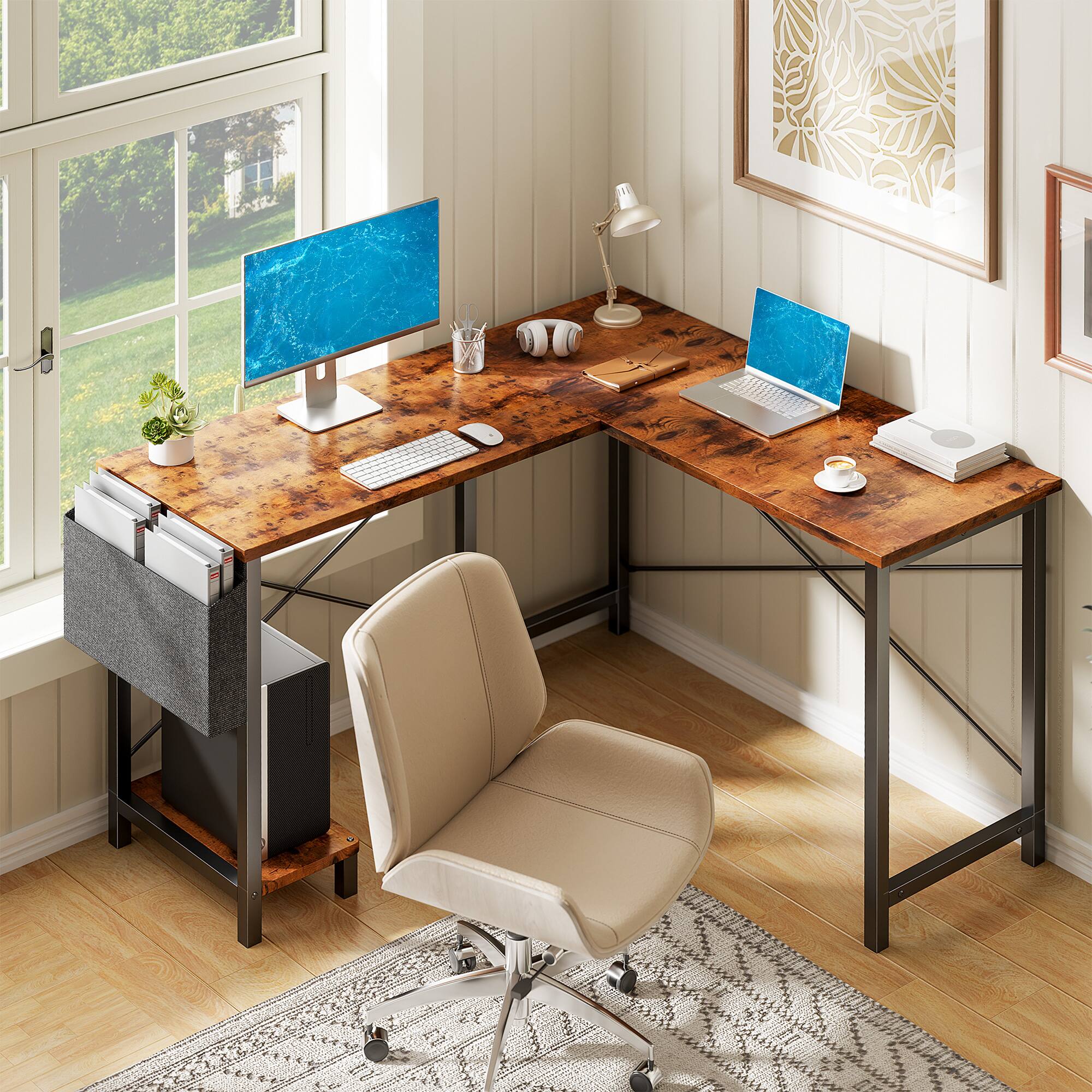 Angle. AENKYO - 49" L Shaped Desk Computer Desk Corner Desks Gaming Desk with CPU Stand Side Bag - Brown.