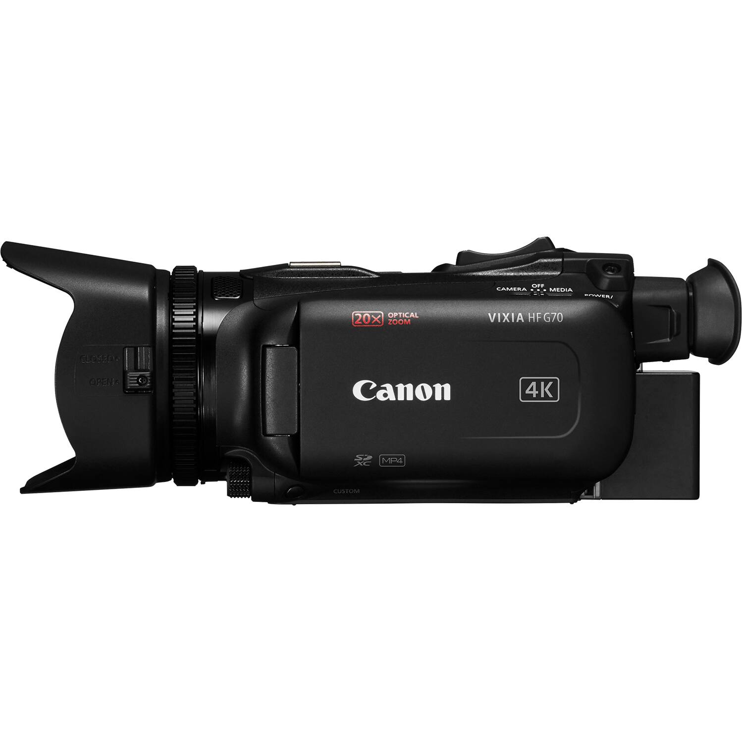 OFF CAMERA MEDIA OWERI  
OPTICAL 20x ZOOM  
VIXIA HF G70  
CLOSED  
OPEN  
Canon  
4K  
MP4 XC  
CUSTOM