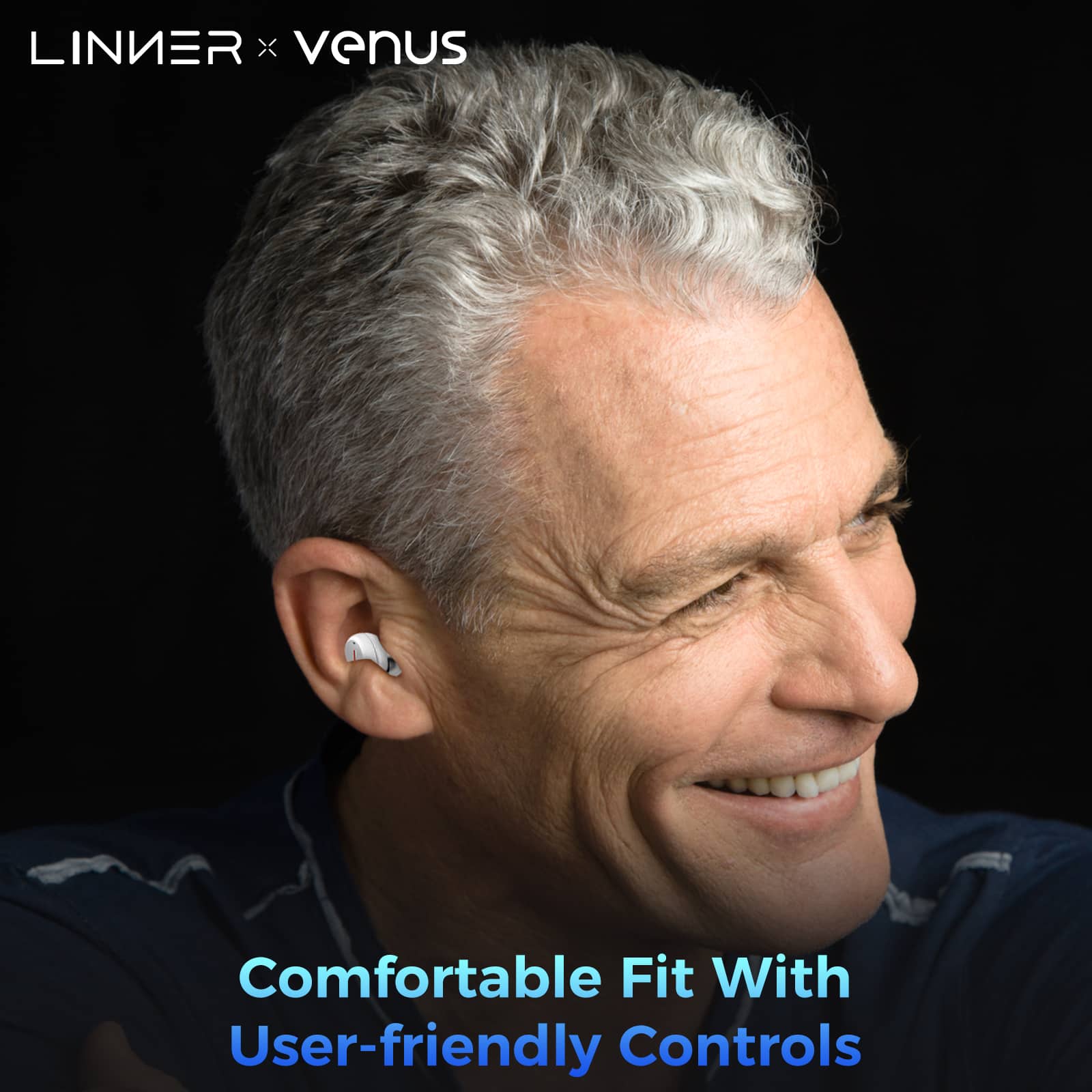 The text on the image is grouped and corrected as follows:
"LINKER X venus Comfortable Fit With User-friendly Controls"