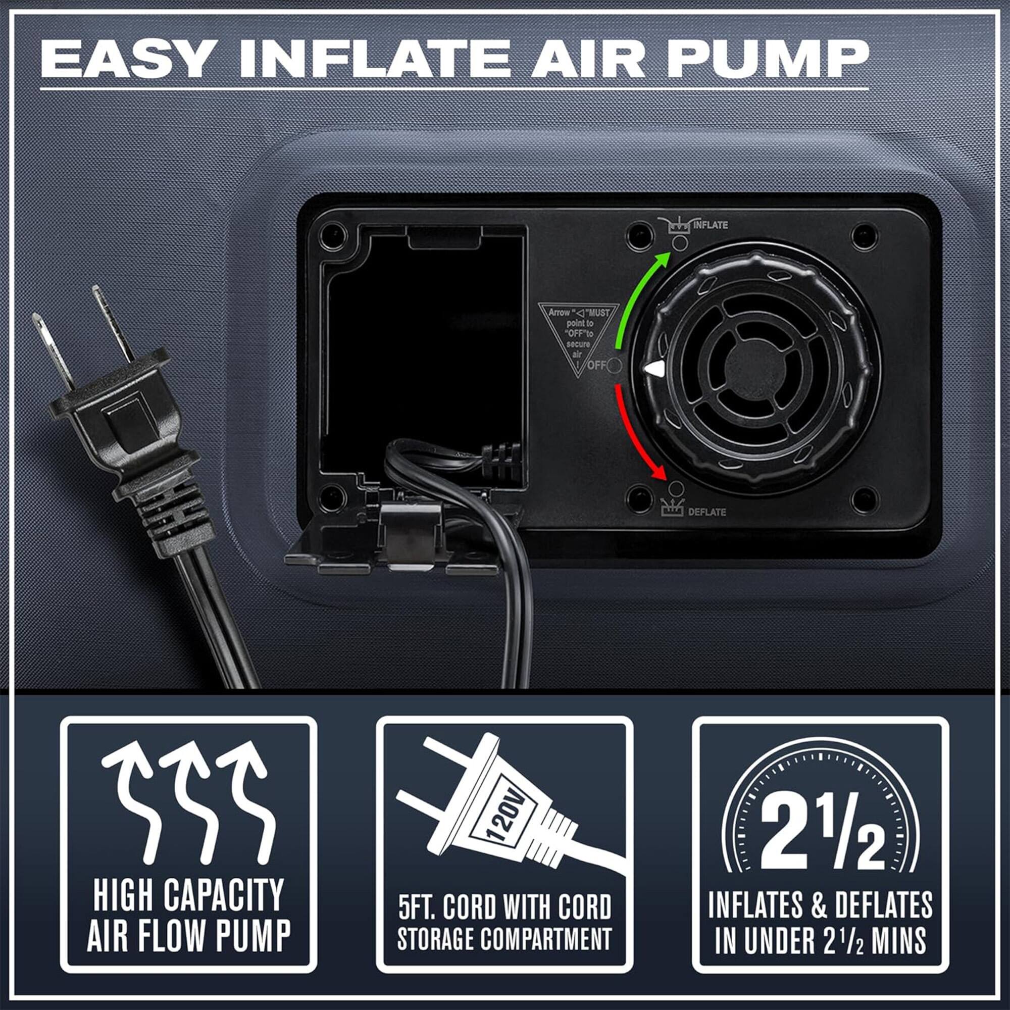 EASY INFLATE AIR PUMP

- HIGH CAPACITY AIR FLOW PUMP
- 120V
- 5FT. CORD WITH CORD STORAGE COMPARTMENT
- INFLATES & DEFLATES IN UNDER 2 1/2 MINS