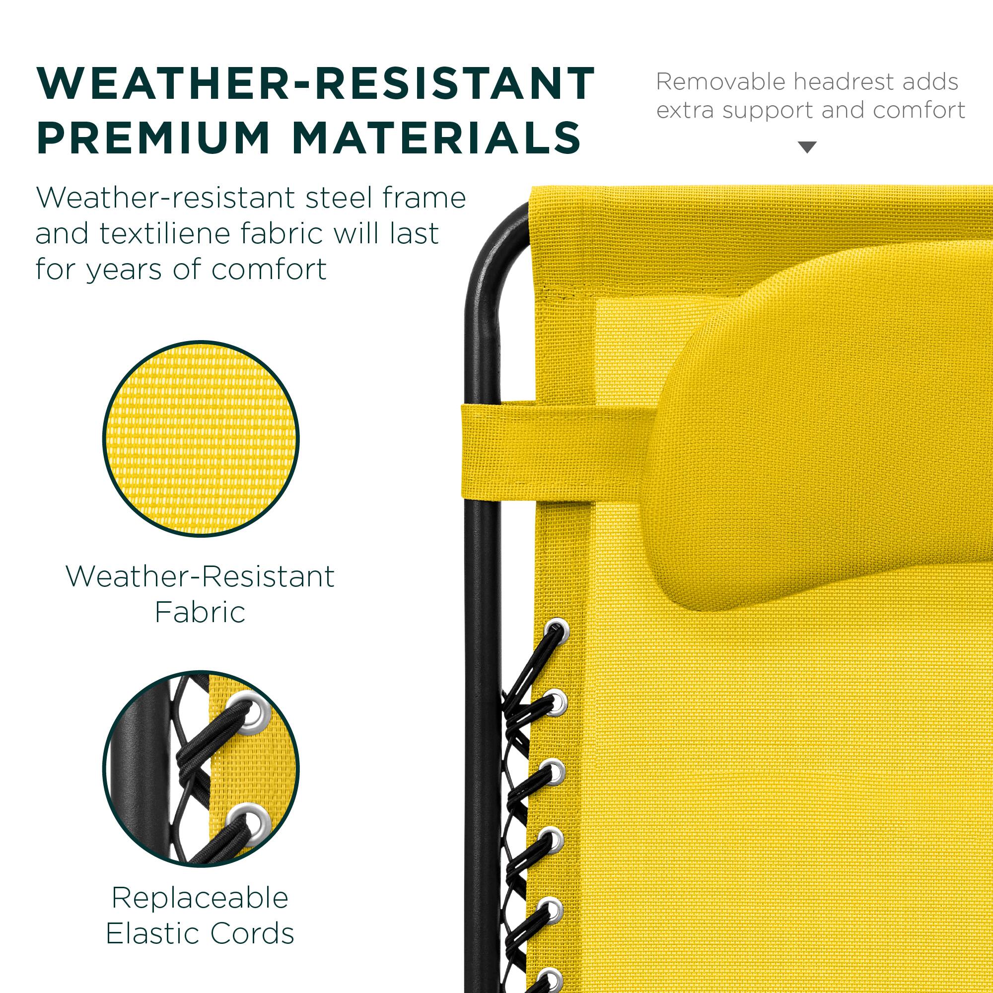 **WEATHER-RESISTANT PREMIUM MATERIALS**

Weather-resistant steel frame and textilene fabric will last for years of comfort

- Weather-Resistant Fabric
- Replaceable Elastic Cords

Removable headrest adds extra support and comfort